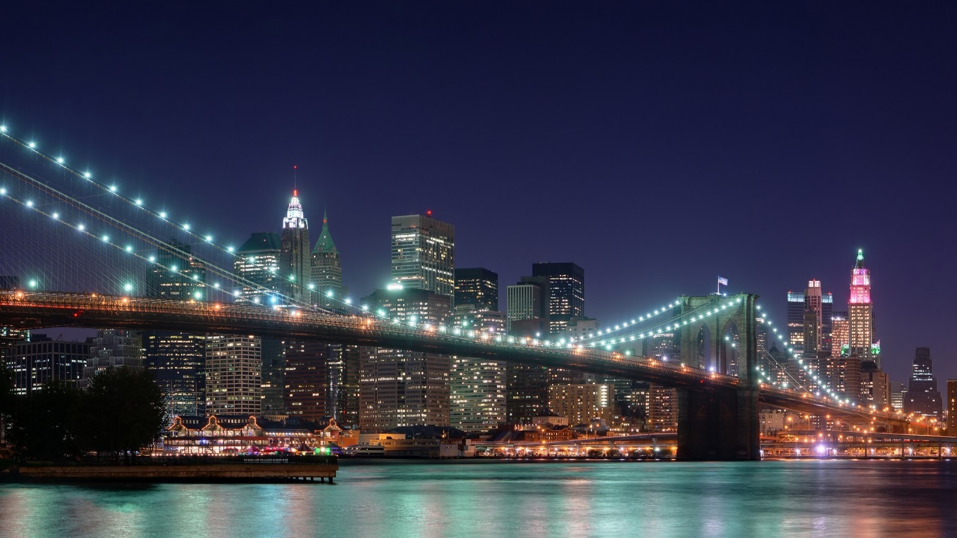 Brooklyn Bridge and New York City Skyline at Night HD Wallpaper