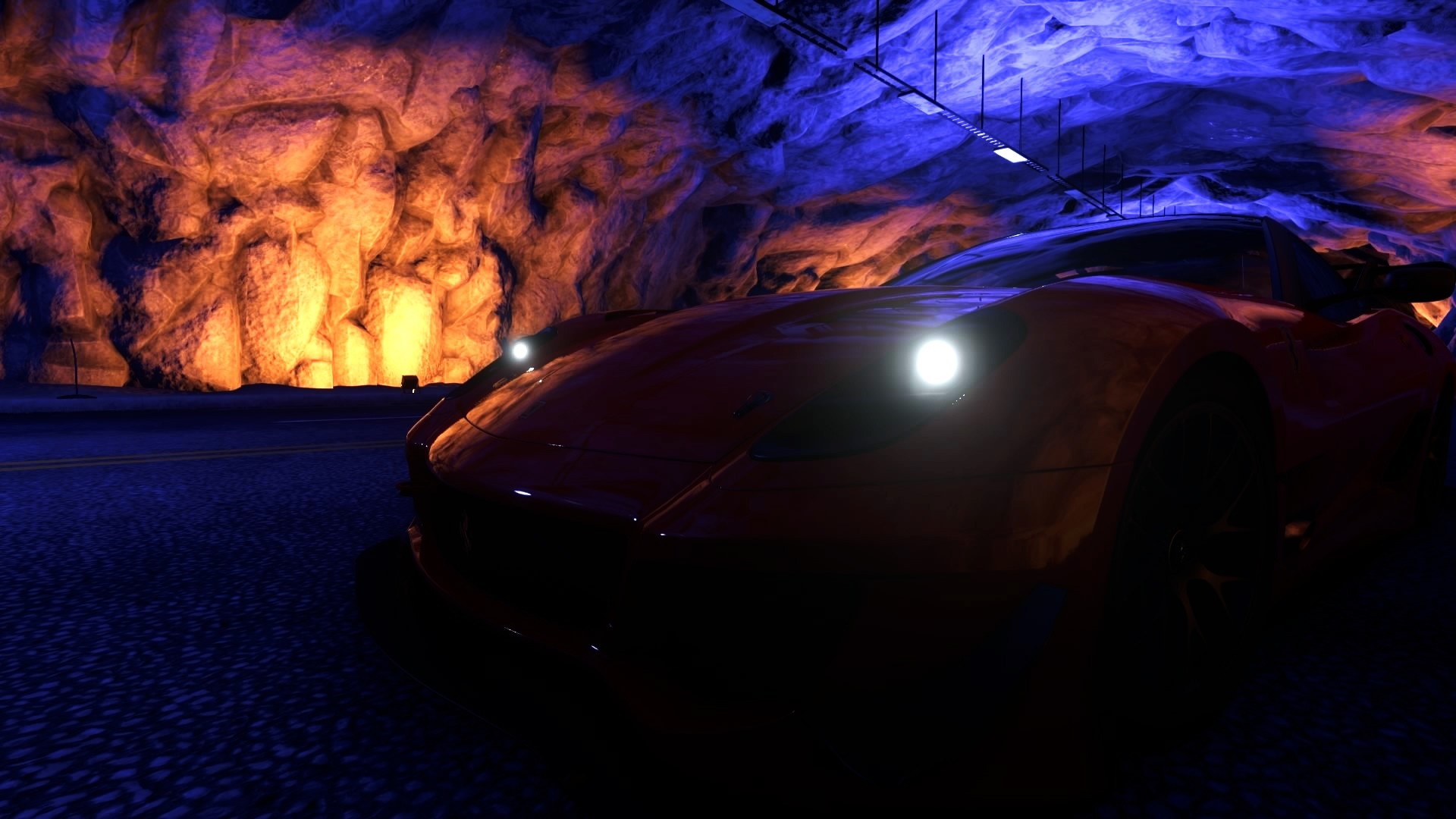 Red supercar in a cave at night HD Wallpaper