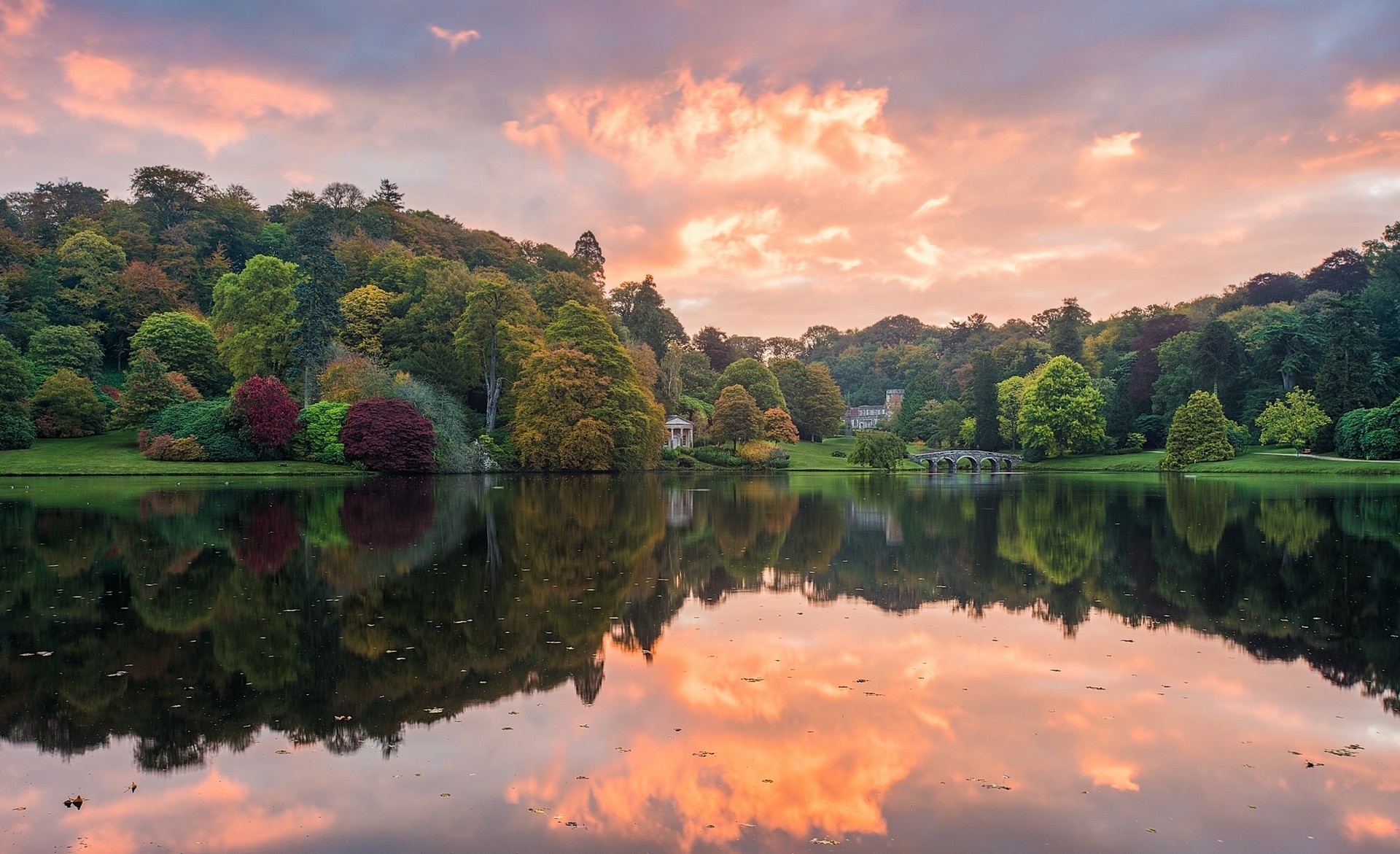 Autumnal landscape with lake and colorful trees at sunset HD Wallpaper