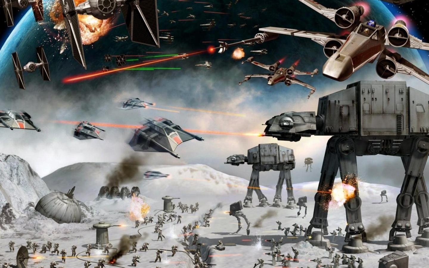 Star Wars battle scene with AT-ATs and X-wings HD Wallpaper