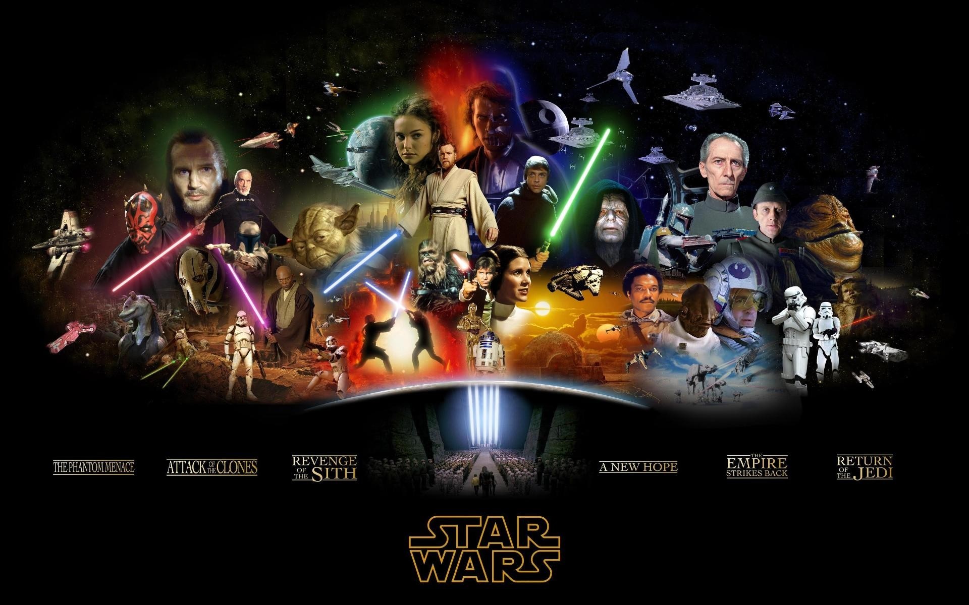 Star Wars characters and movie titles collage HD Wallpaper