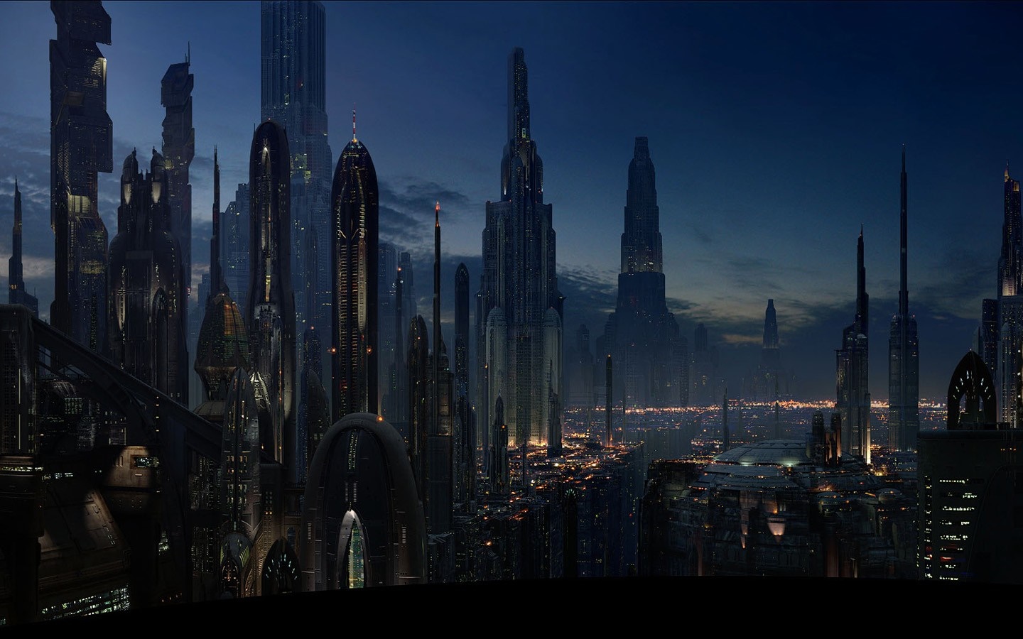 Star Wars cityscape at night with futuristic skyscrapers HD Wallpaper
