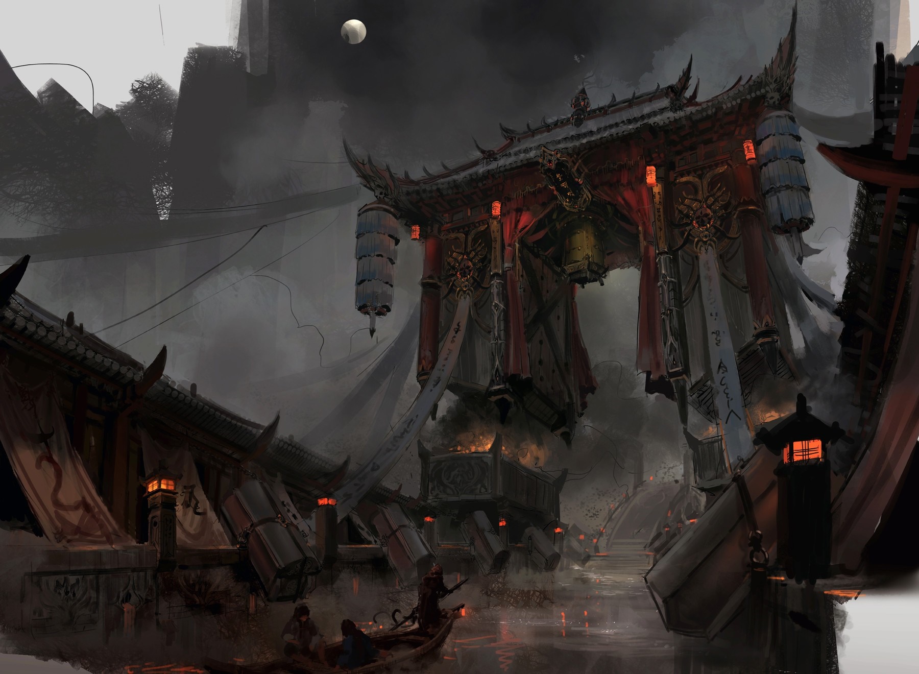 Dark fantasy Asian gate with a boat on a river HD Wallpaper
