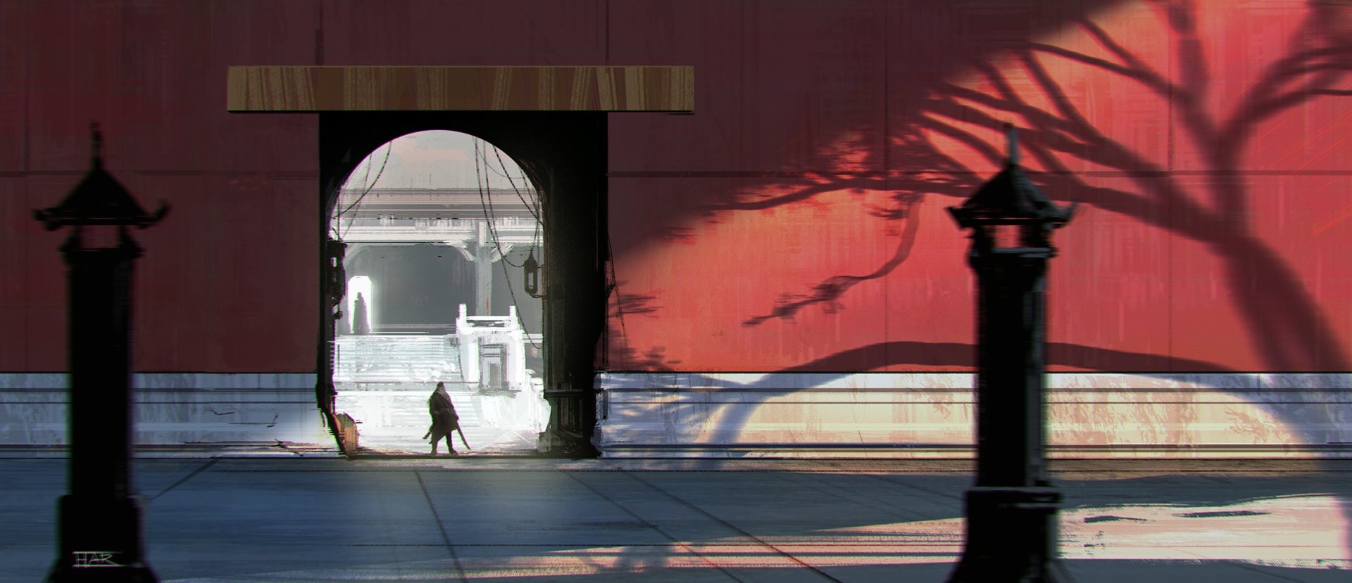 Silhouette of a person walking through an ancient gate HD Wallpaper