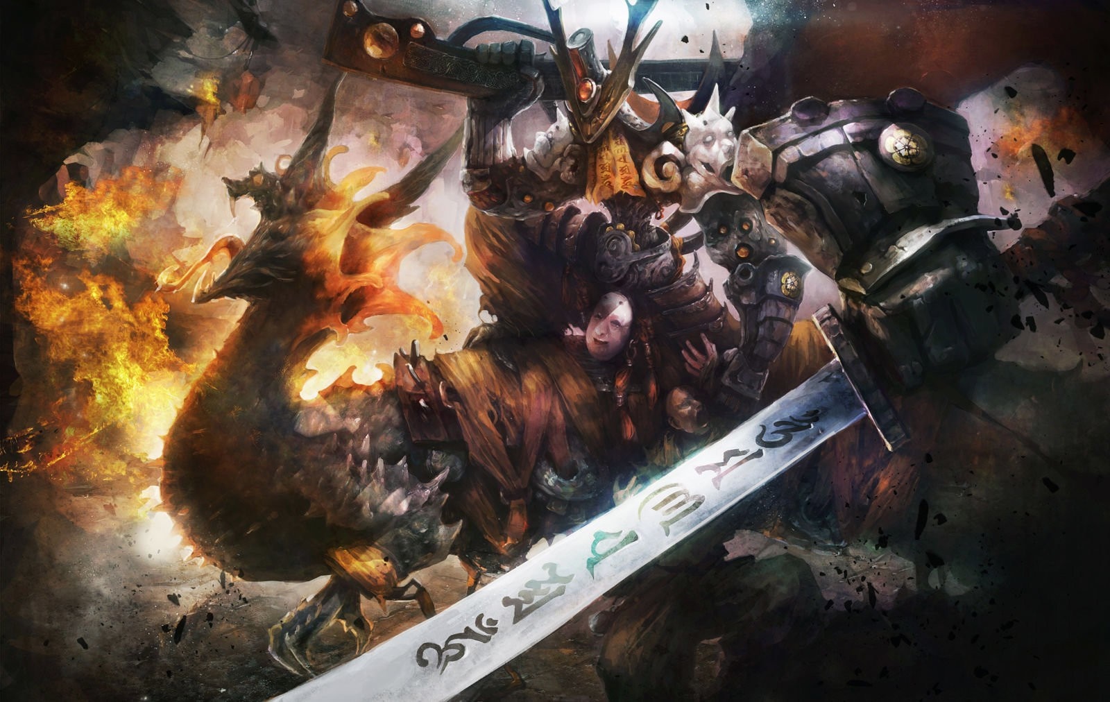 Giant warrior fighting on a fiery bird with a sword HD Wallpaper