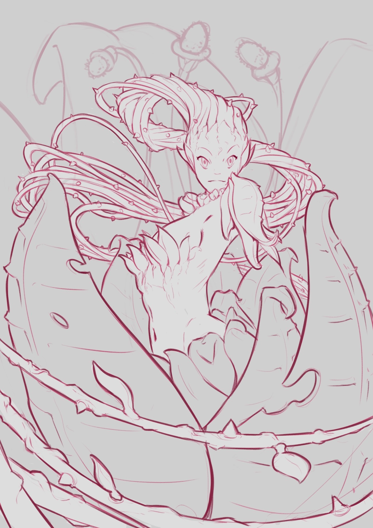 Sketch of a plant-like creature in a large flower HD Wallpaper
