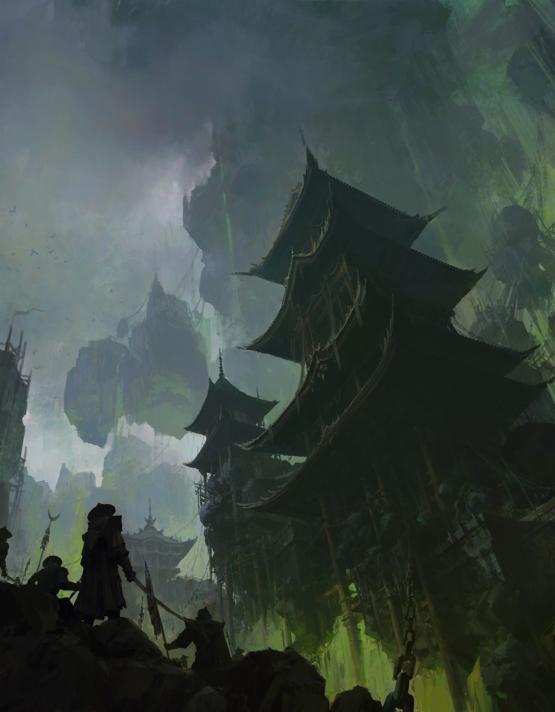 Dark fantasy landscape with Asian-inspired architecture HD Wallpaper