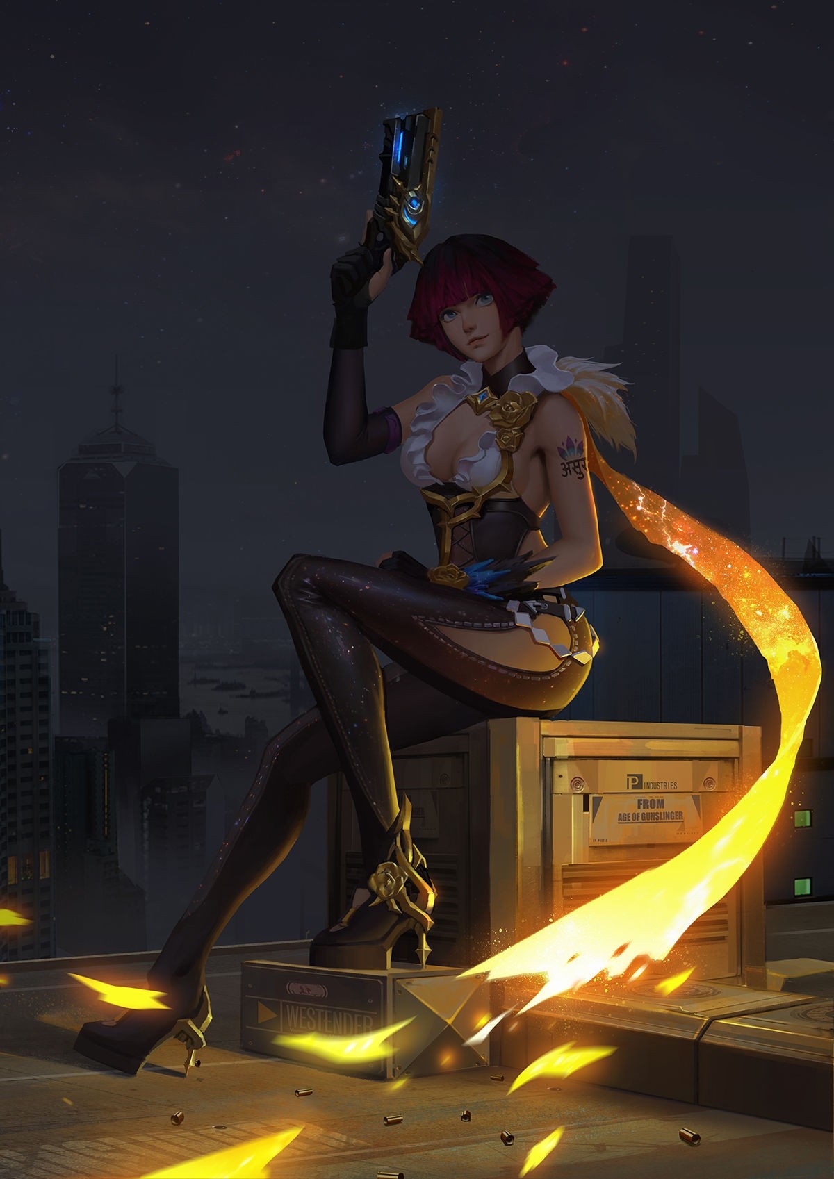 Woman with gun sitting on crates at night HD Wallpaper