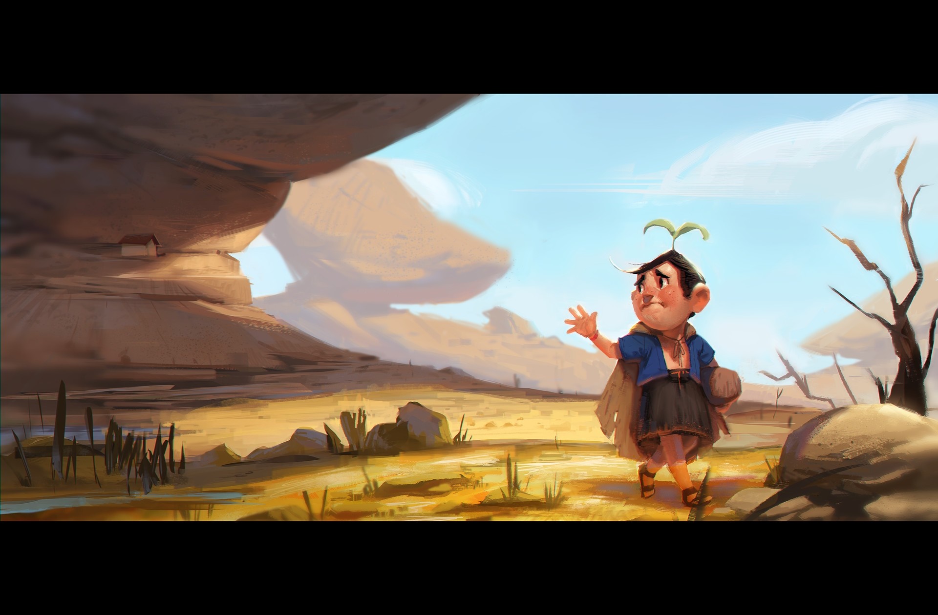 Child with sprout on head in desert landscape HD Wallpaper