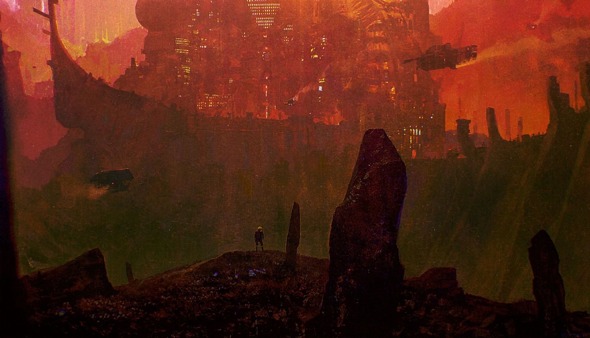 Science fiction city with flying vehicles and a lone figure HD Wallpaper