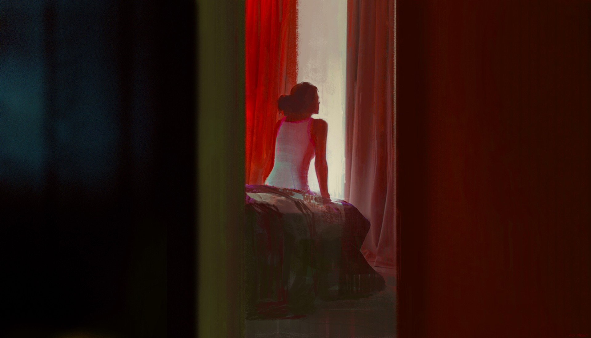 Woman in white dress by red curtains HD Wallpaper