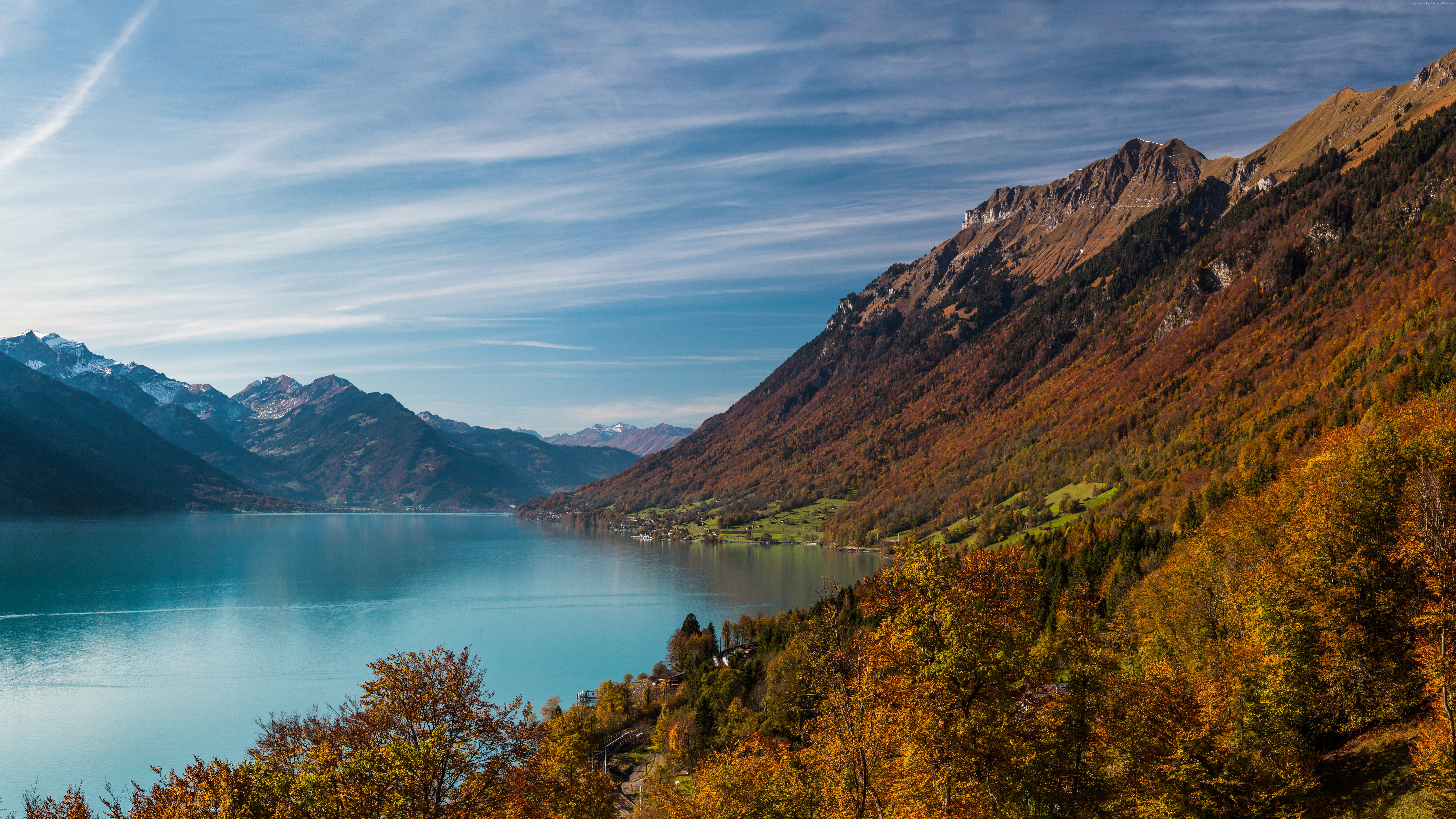 Lake and mountains with autumn forest HD Wallpaper