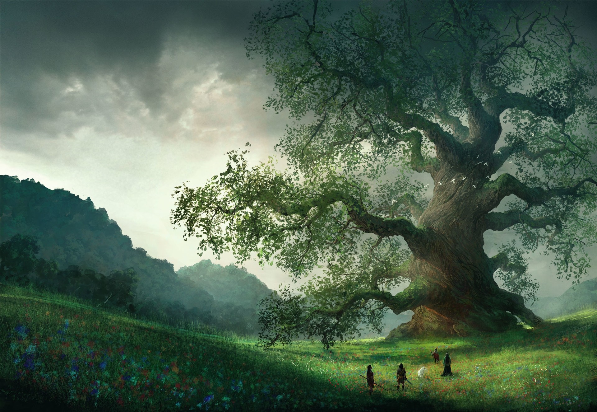 Fantasy art of a large tree in a meadow with people HD Wallpaper