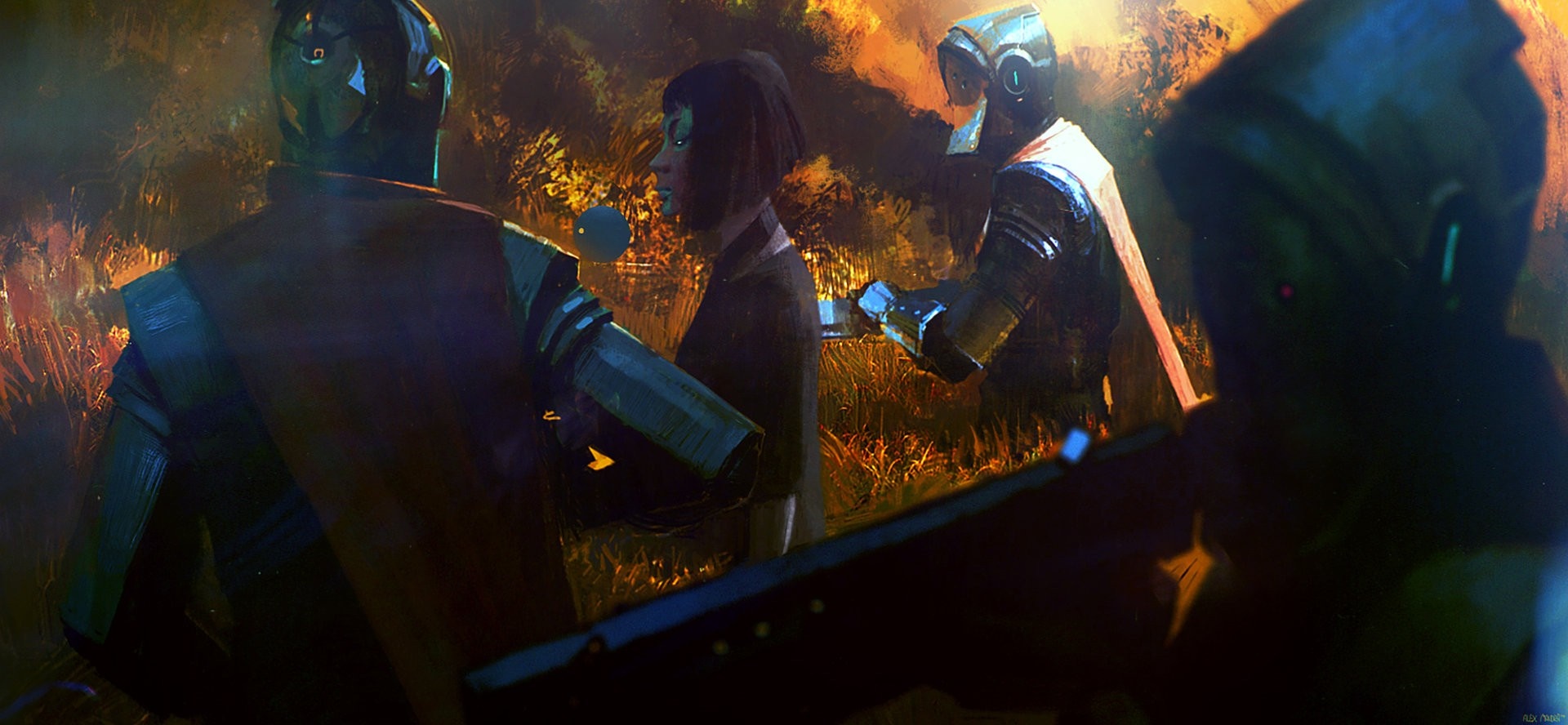 Alexander Mandradjiev concept art with robots and a woman HD Wallpaper