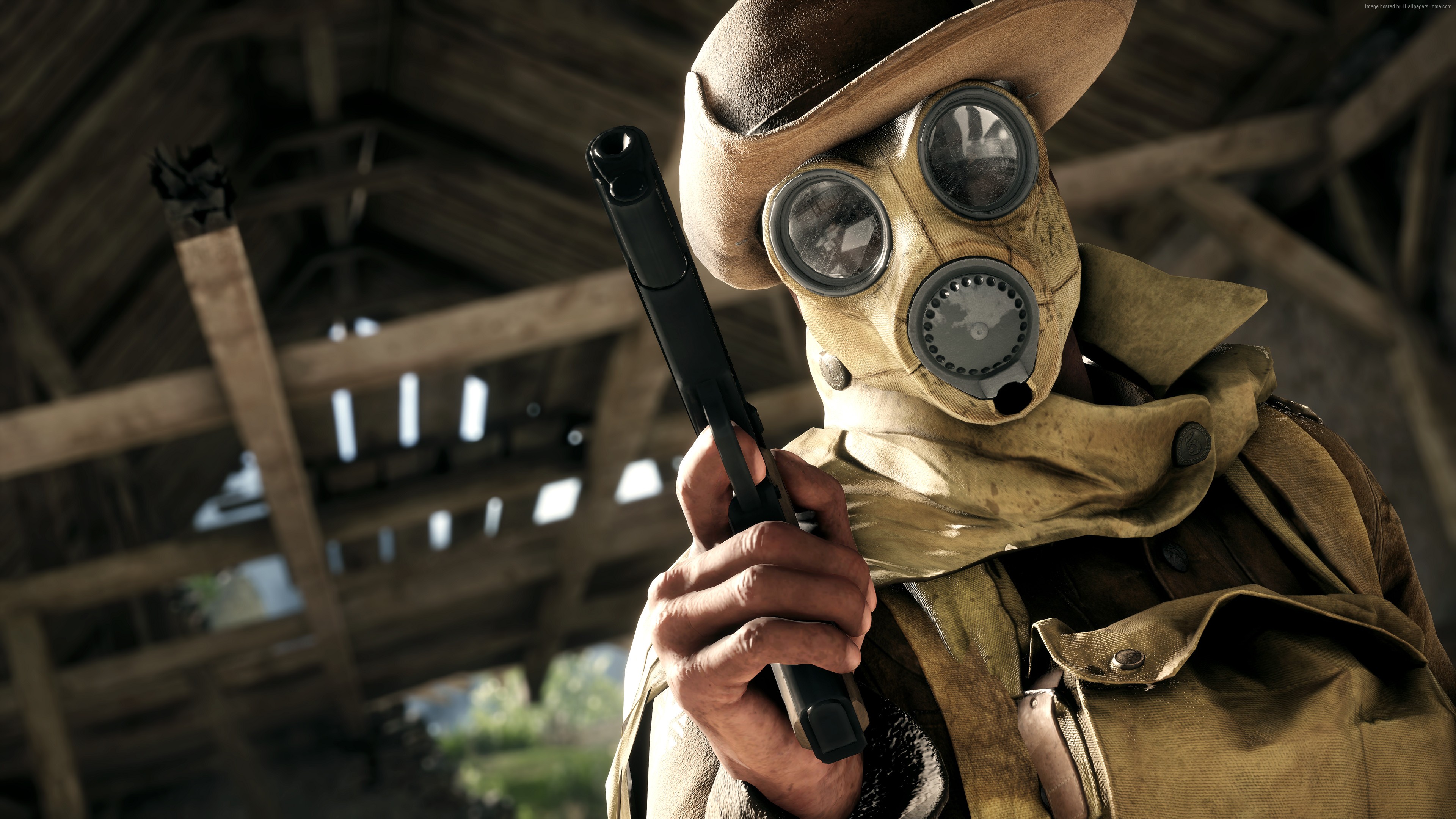 Soldier in gas mask and hat holding a pistol in Battlefield 1 HD Wallpaper