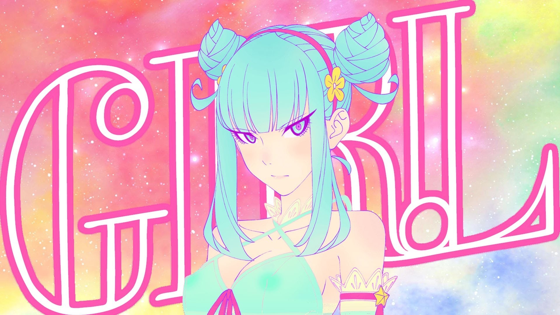 Anime girl with blue hair and pink background HD Wallpaper