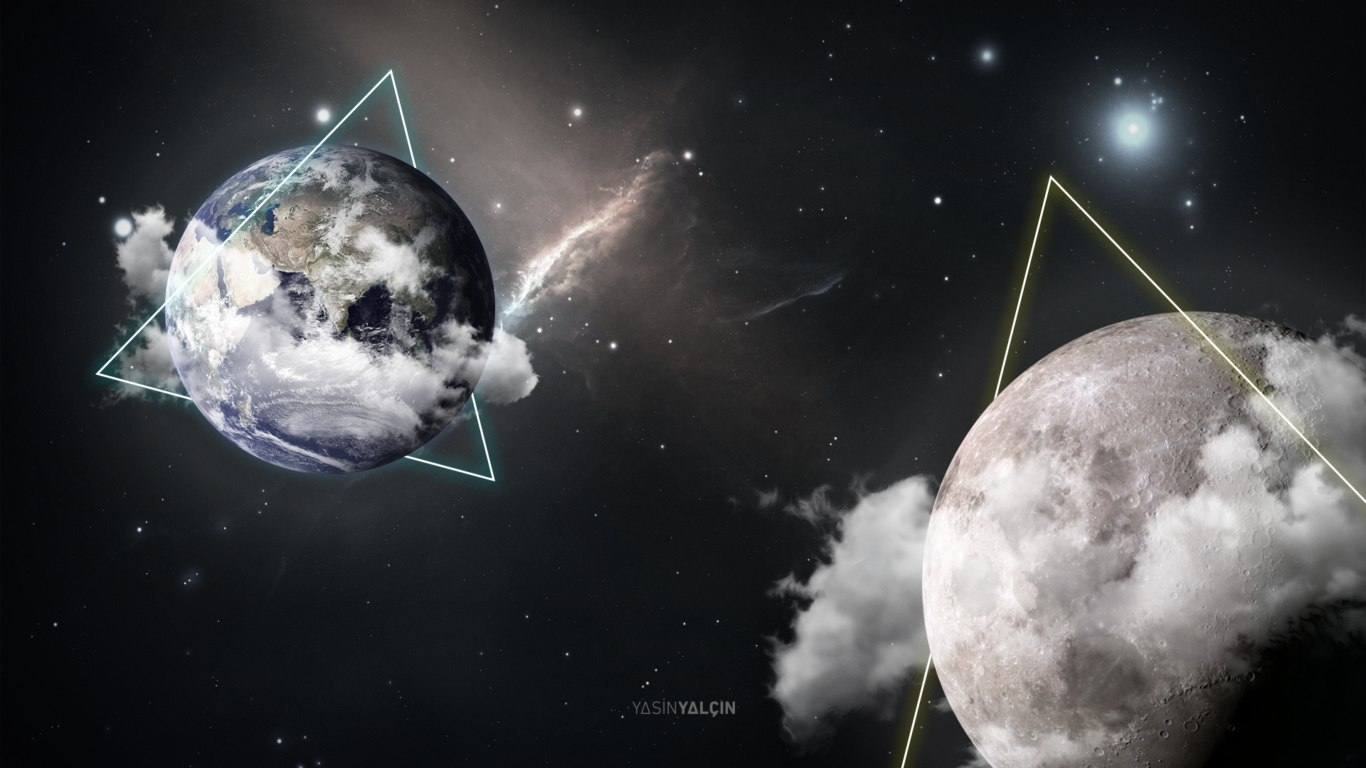 Earth and Moon in space with geometric shapes HD Wallpaper