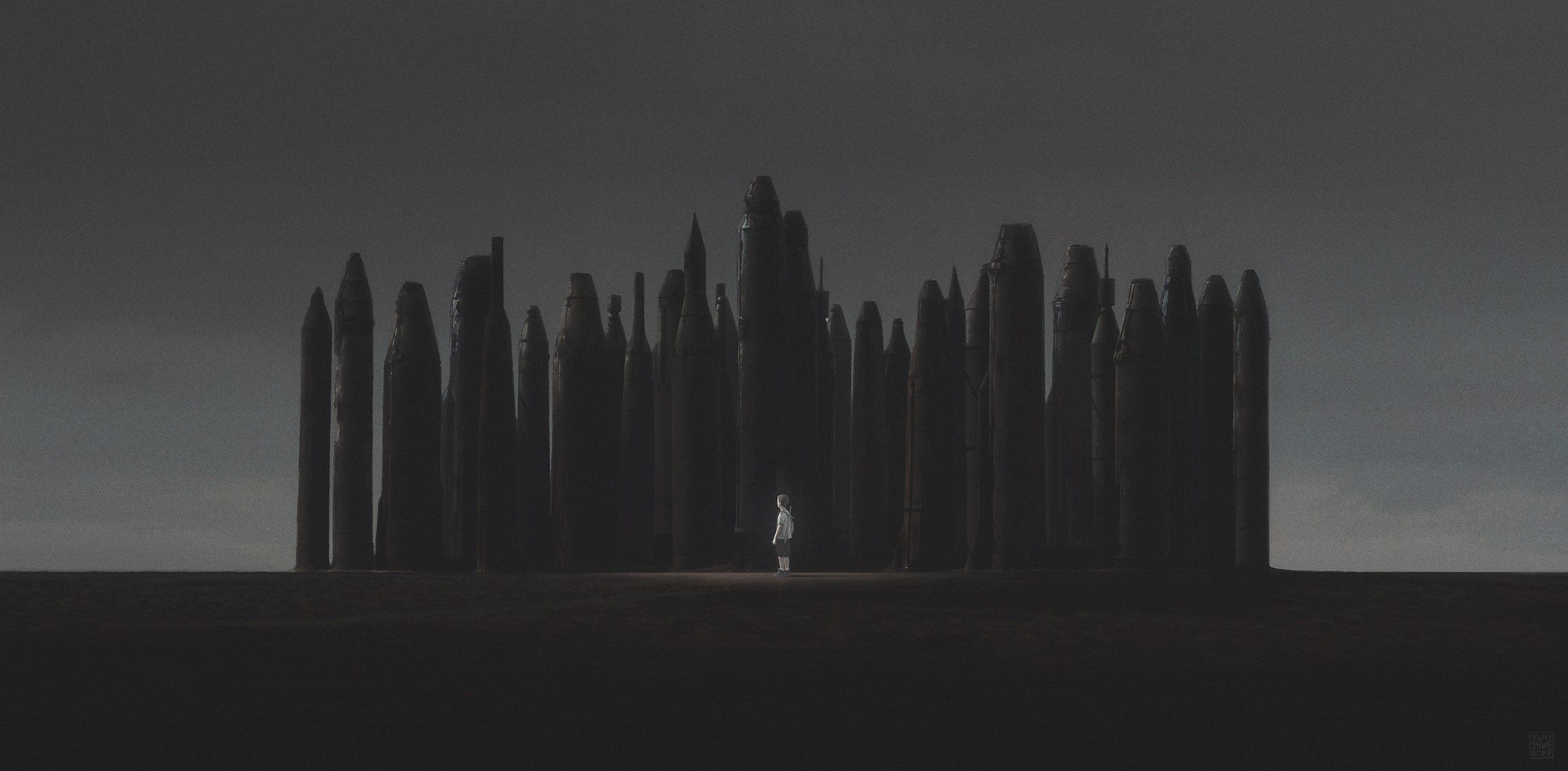 A child stands before a dark, monolithic city. HD Wallpaper