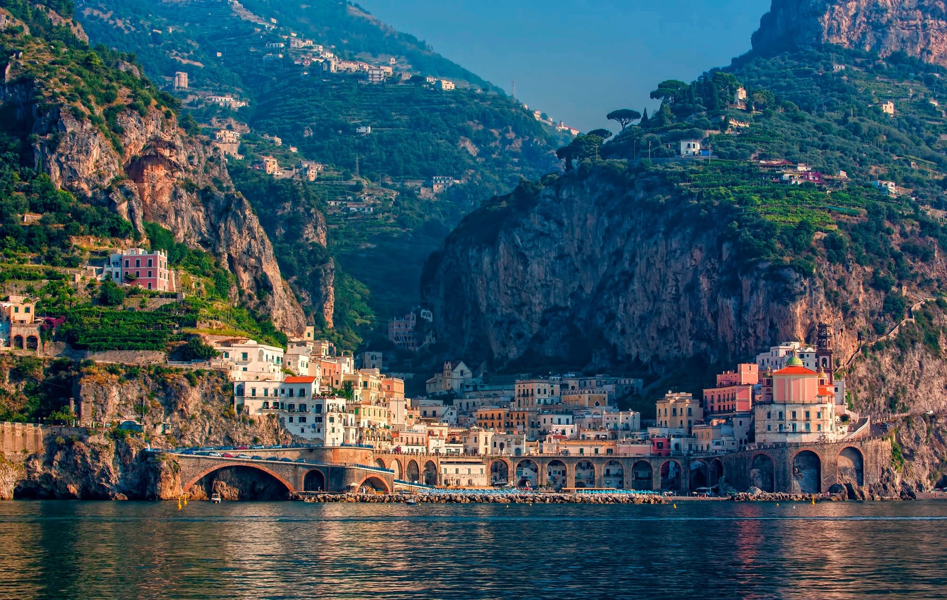 Amalfi Coast town nestled in mountains by the sea HD Wallpaper