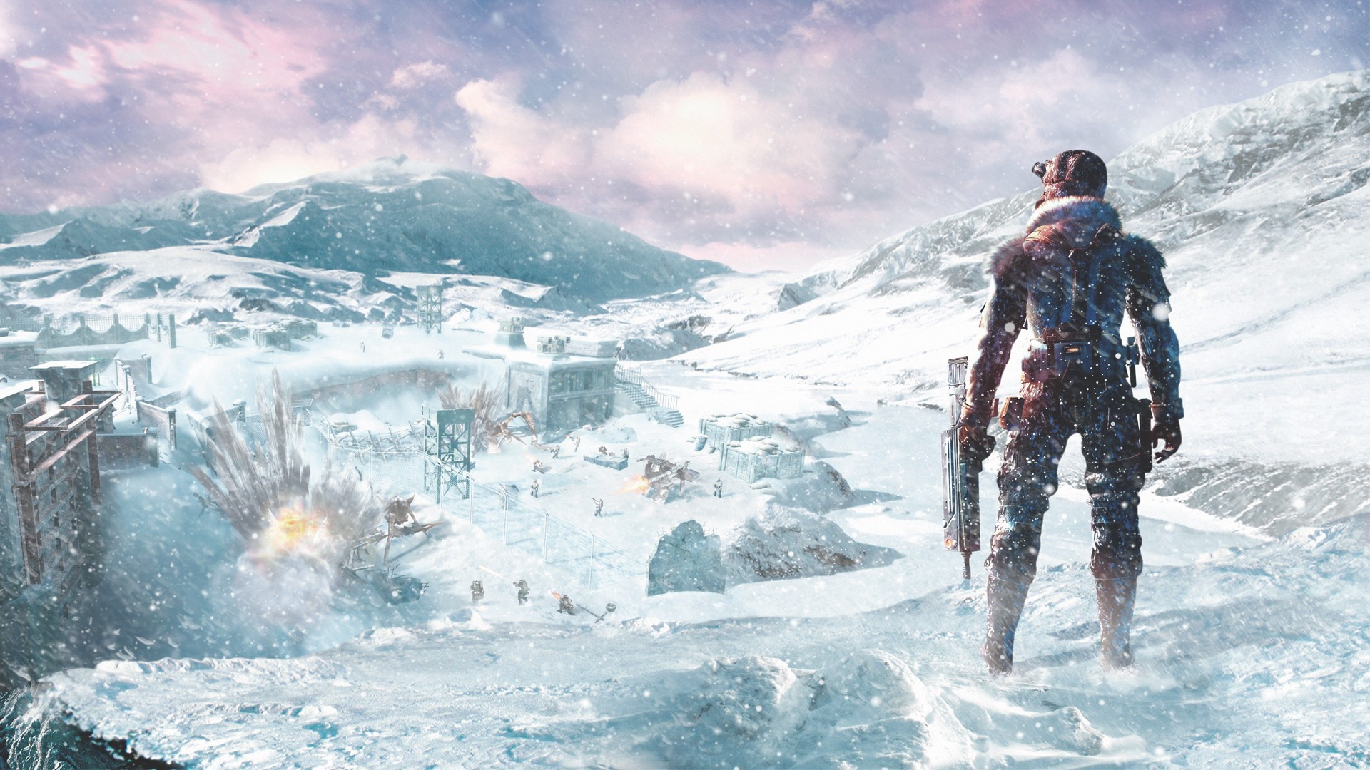 Soldier overlooking a snowy battlefield in Lost Planet HD Wallpaper