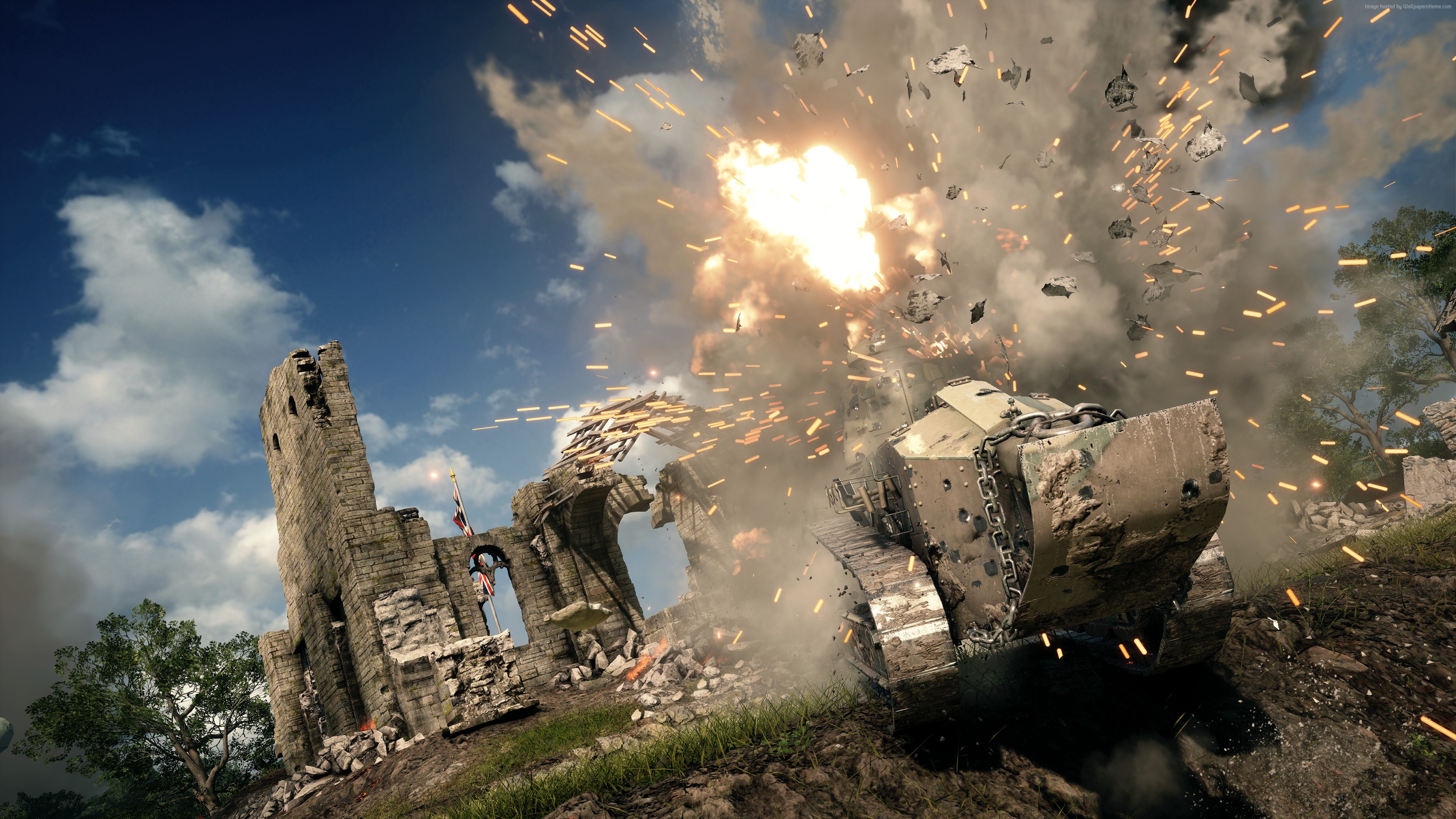 Tank exploding near a ruined castle in Battlefield 1 HD Wallpaper