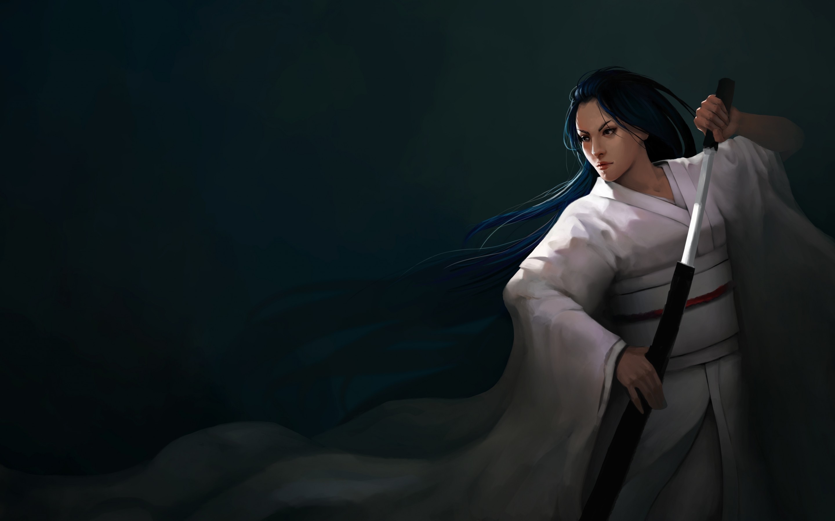 Woman in white kimono holding a katana HD Wallpaper
