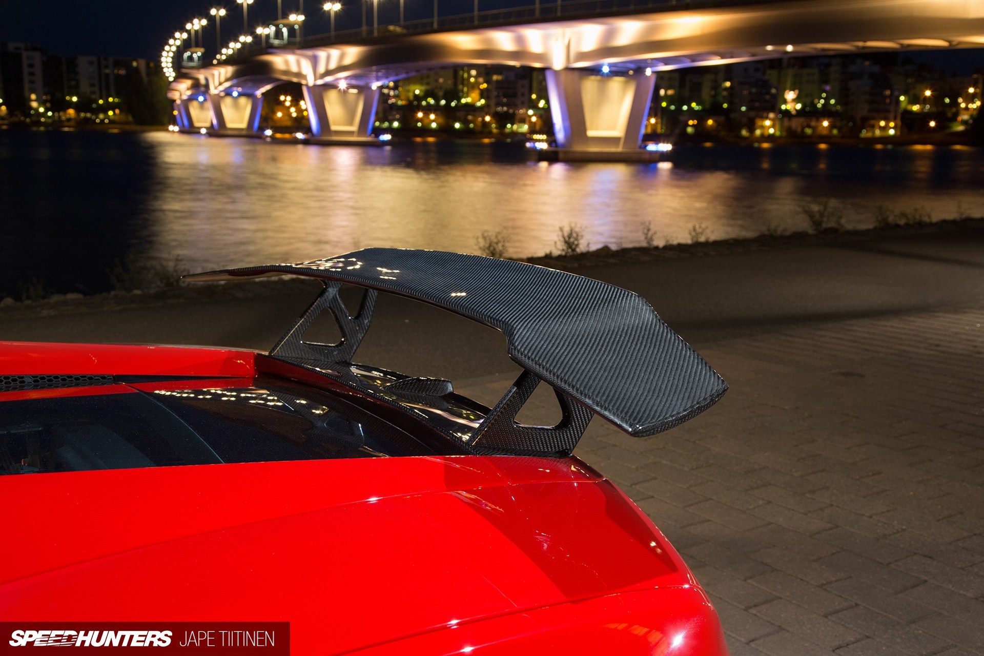 Red Lamborghini Gallardo with Carbon Fiber Spoiler at Night HD Wallpaper