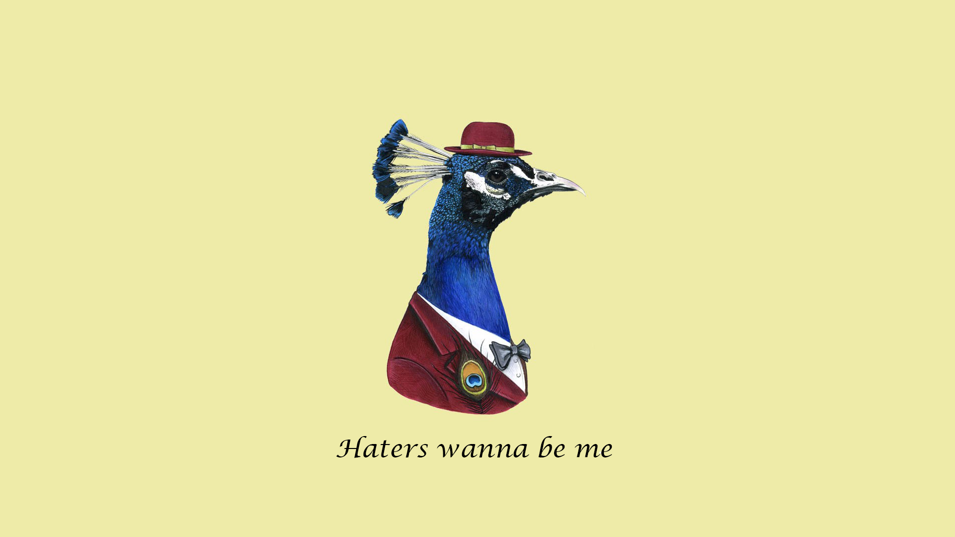 Peacock wearing a suit and hat with text HD Wallpaper
