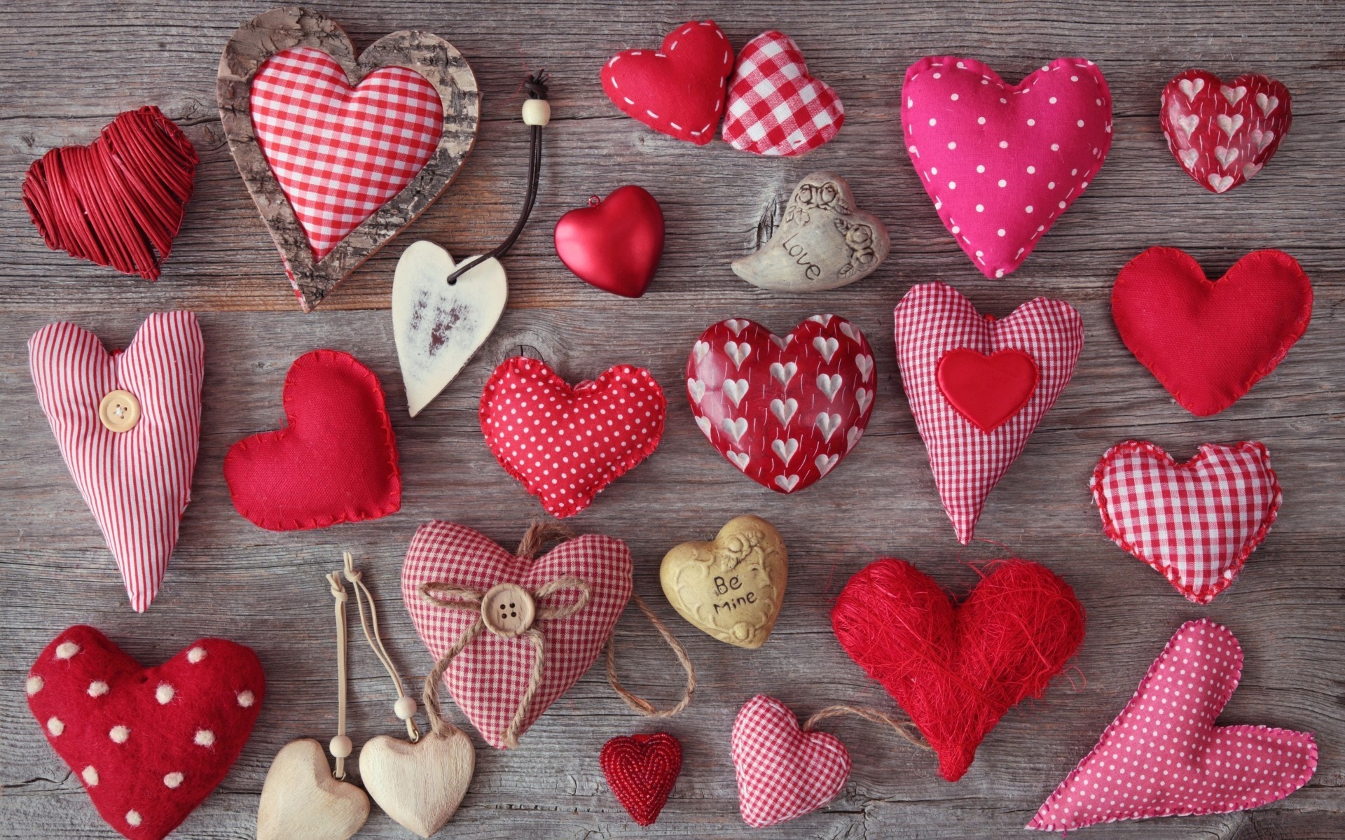 Assortment of Valentine's Day Heart Decorations on Wood HD Wallpaper