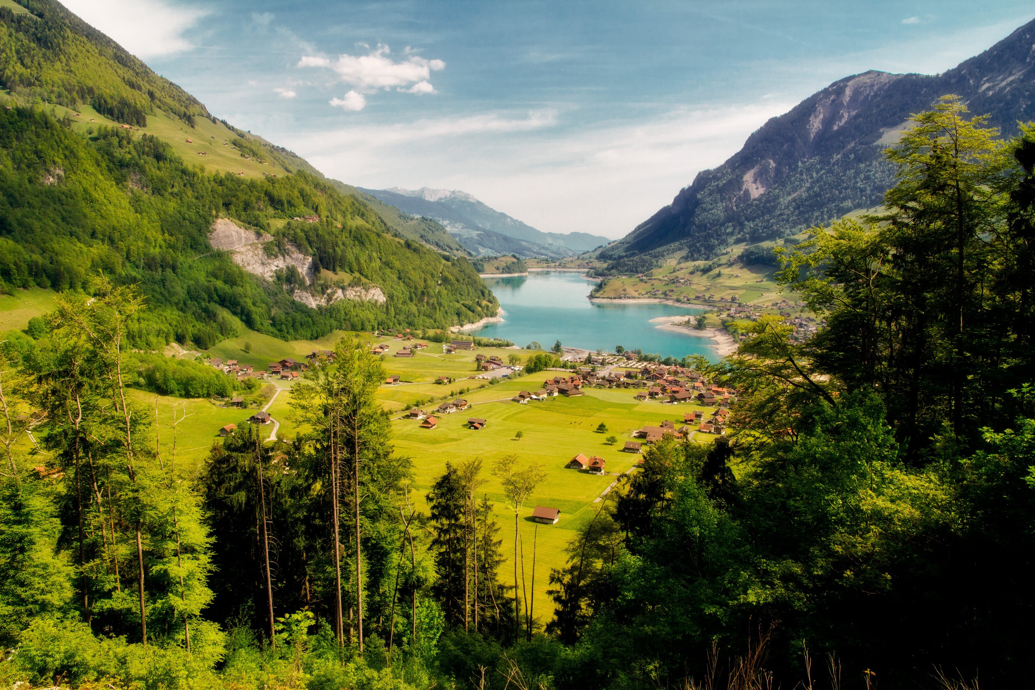 Valley with a lake and mountains HD Wallpaper