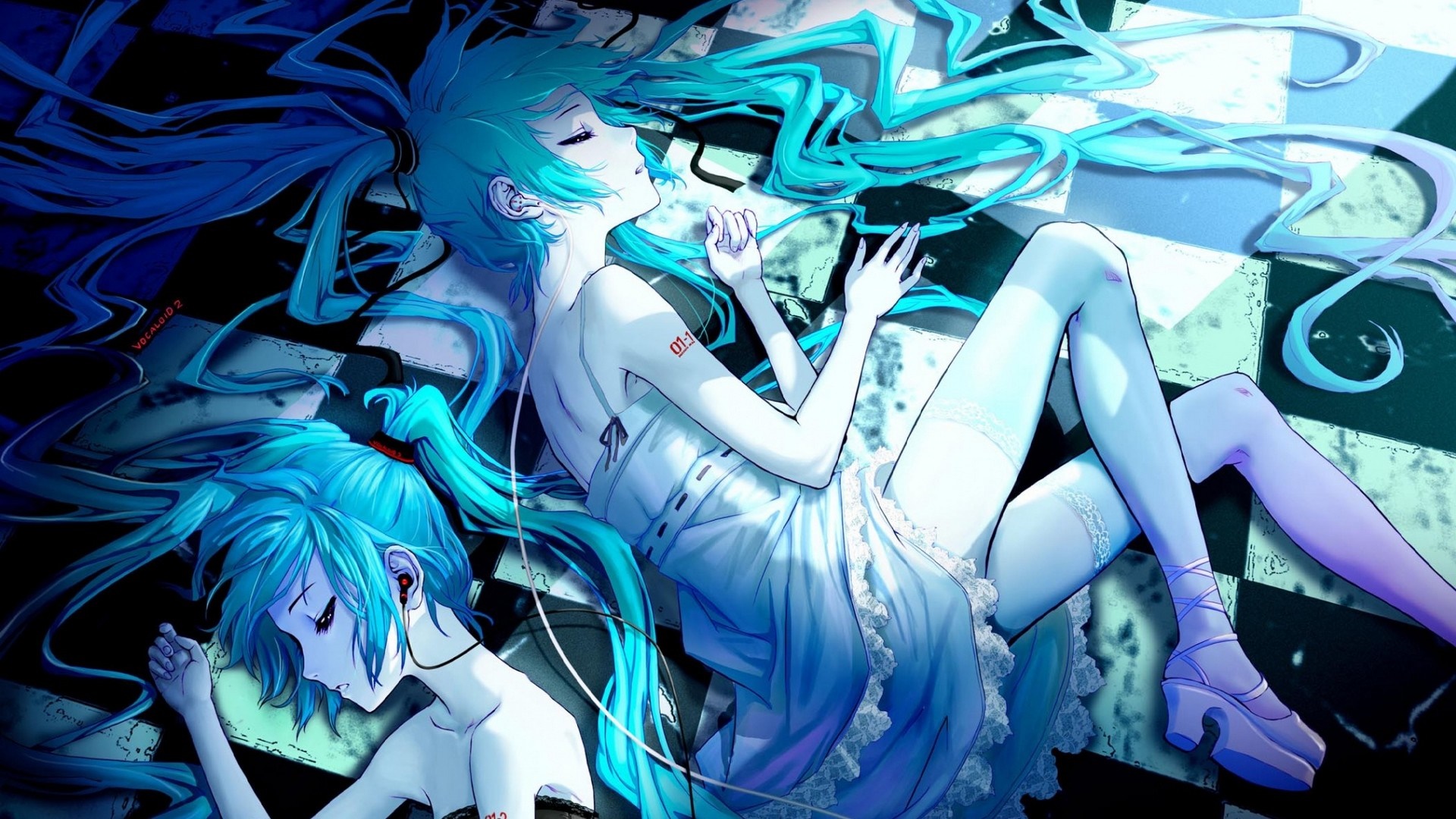 Hatsune Miku from Vocaloid lying on a checkered floor HD Wallpaper