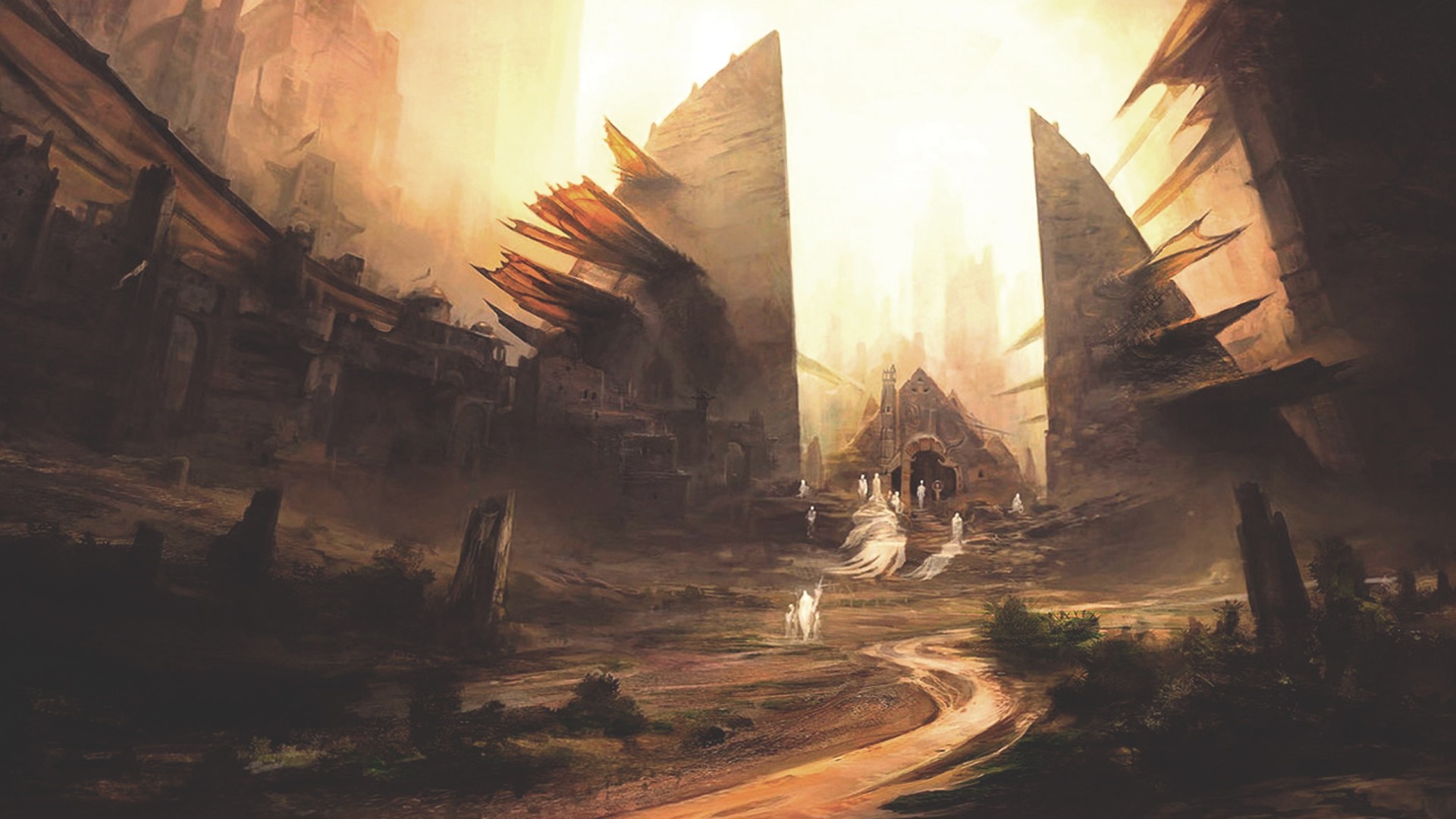 Fantasy landscape with ancient structures and figures HD Wallpaper
