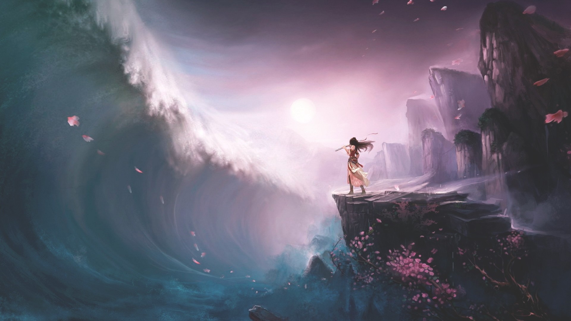 Fantasy art of a person on a cliff overlooking a giant wave HD Wallpaper