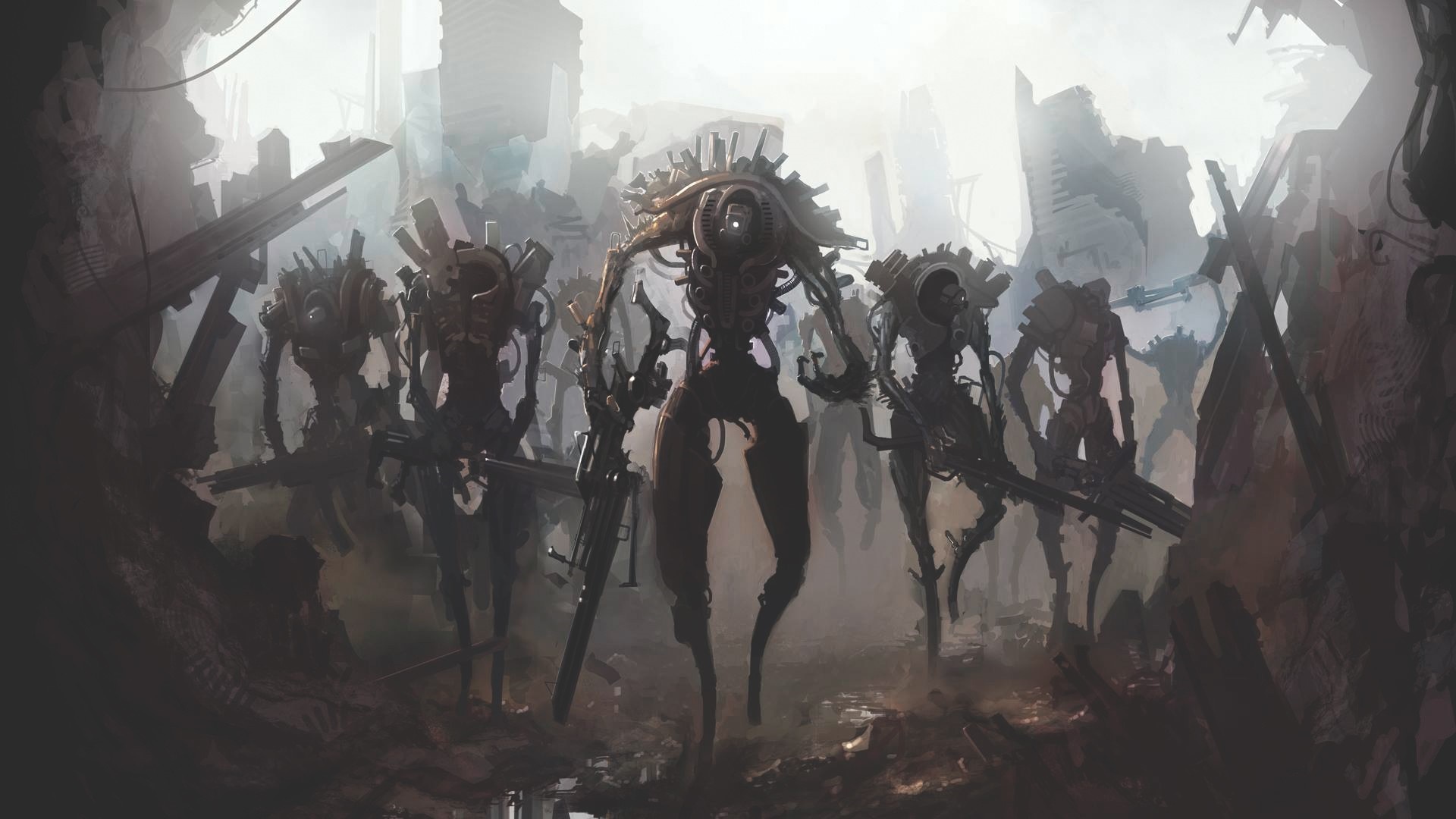 Robotic soldiers in a ruined city HD Wallpaper