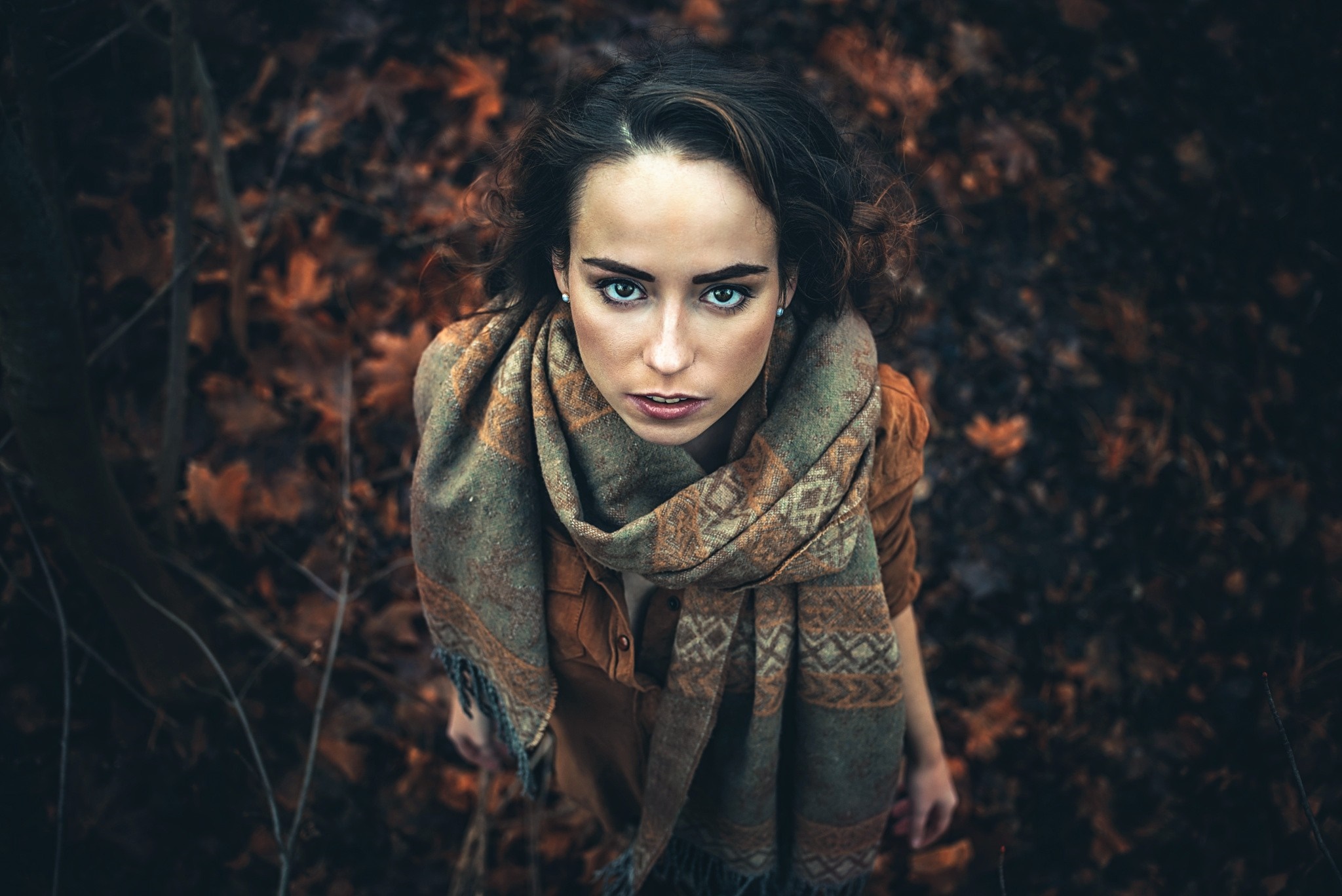 Woman with scarf in autumn forest HD Wallpaper