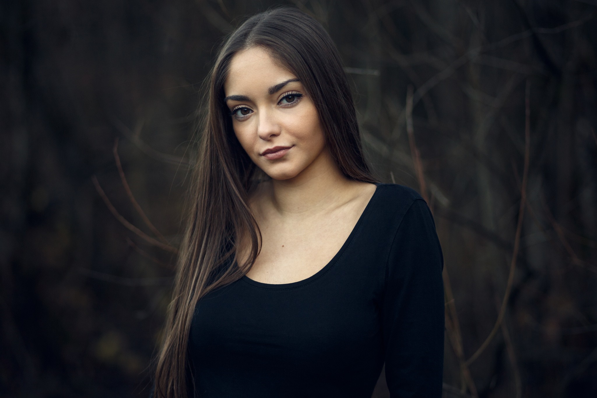 Merisa, a woman with long brown hair, portrait HD Wallpaper