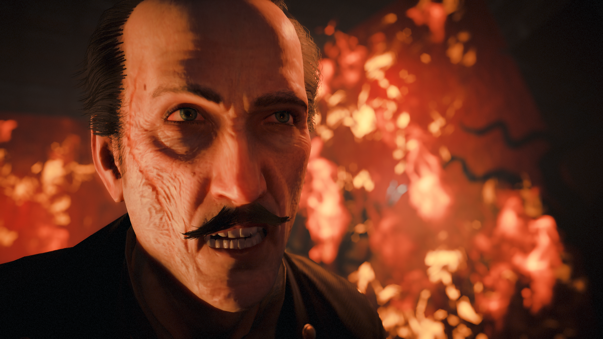 Man with scars and mustache in front of fire HD Wallpaper