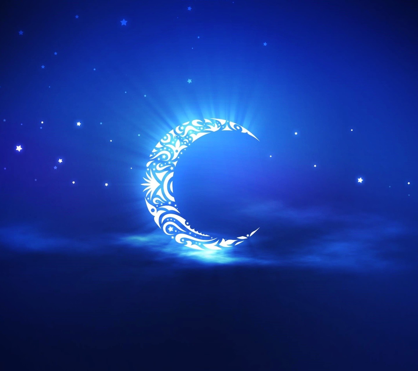 Abstract crescent moon with stars and clouds HD Wallpaper