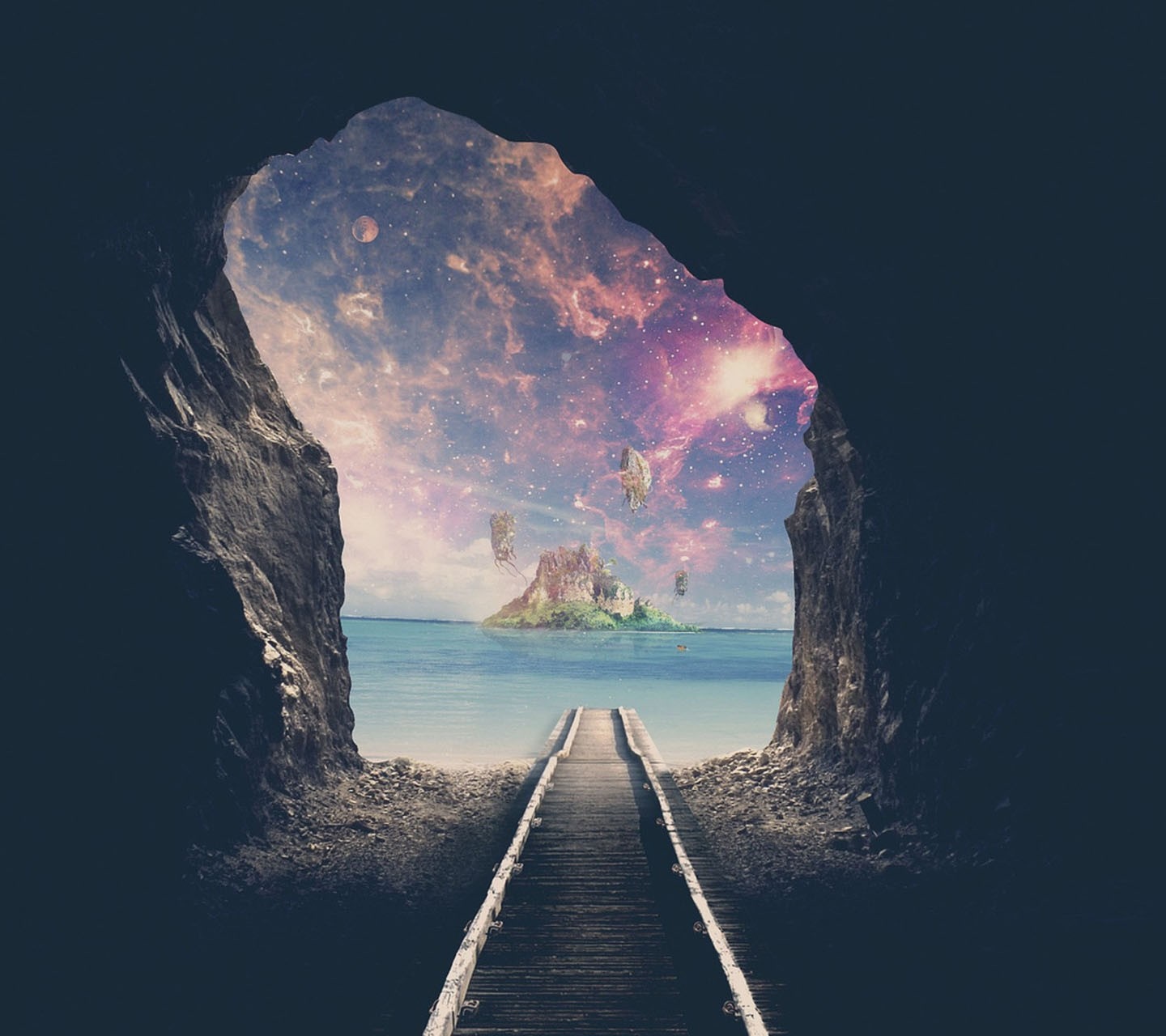 Fantasy island with castle and floating islands in a nebula sky HD Wallpaper