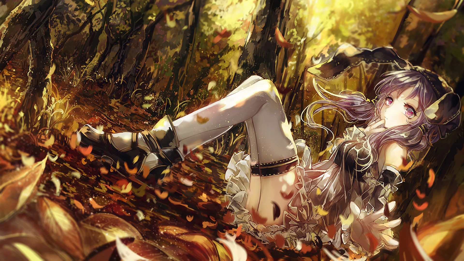 Anime girl in autumn forest HD Wallpaper