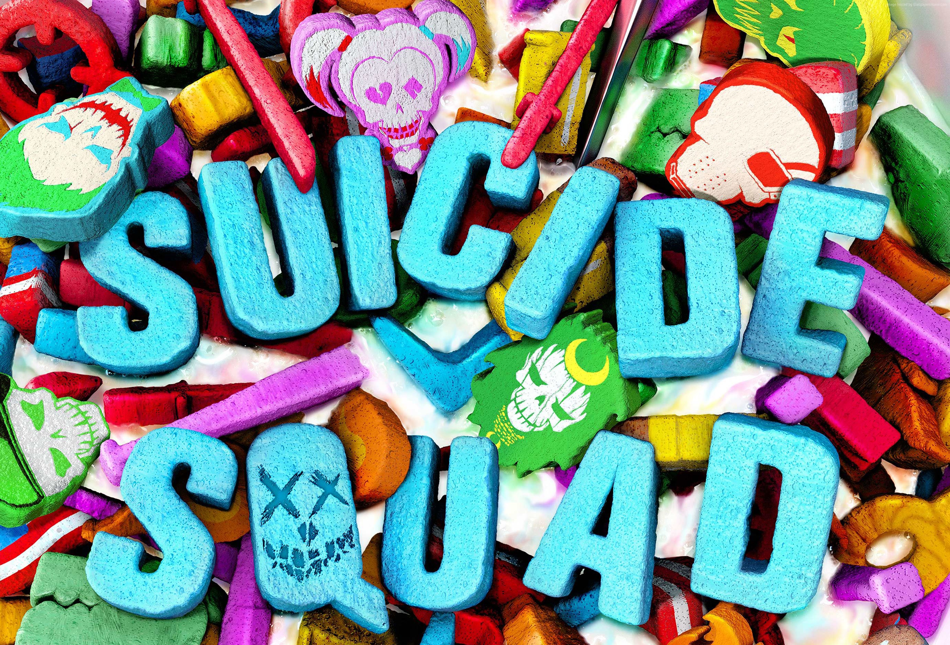 Suicide Squad movie title with character art HD Wallpaper