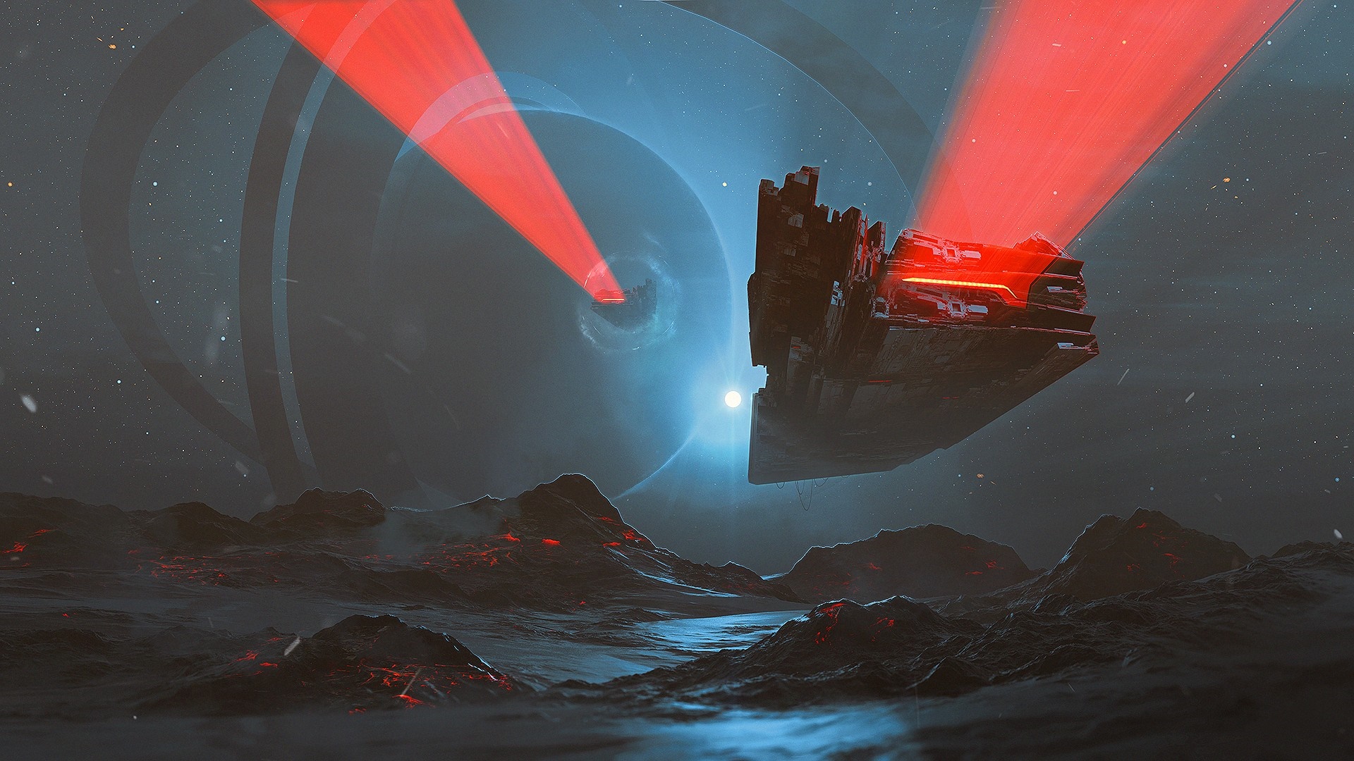 Futuristic spaceship firing red lasers over alien landscape HD Wallpaper