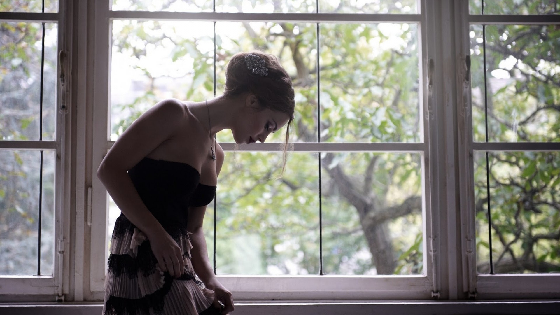 Woman in black dress by the window HD Wallpaper