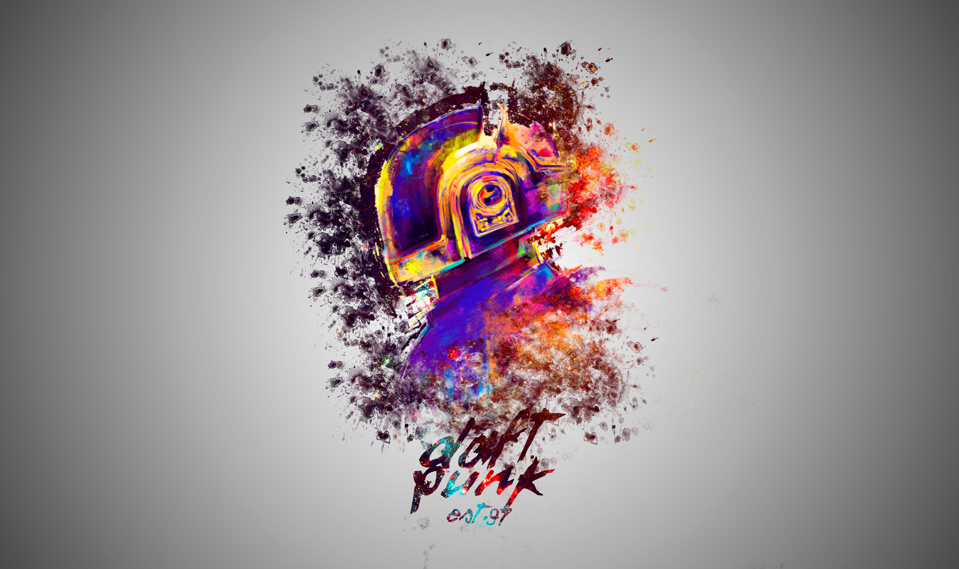 Daft Punk helmet with colorful paint splatters and text HD Wallpaper