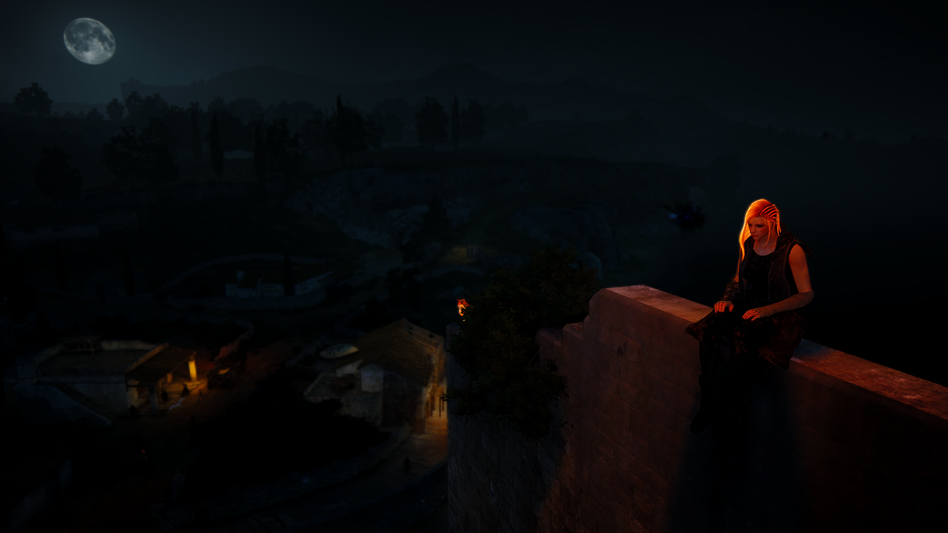 Woman sitting on a ledge at night in Black Desert HD Wallpaper