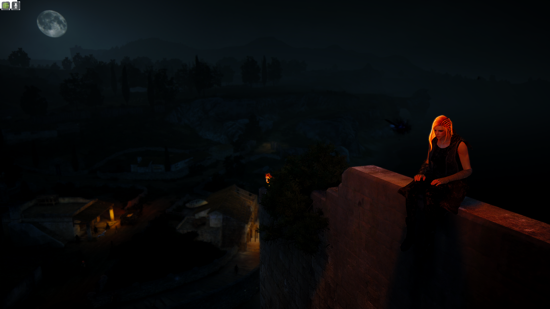 Woman sitting on a ledge at night in Black Desert HD Wallpaper