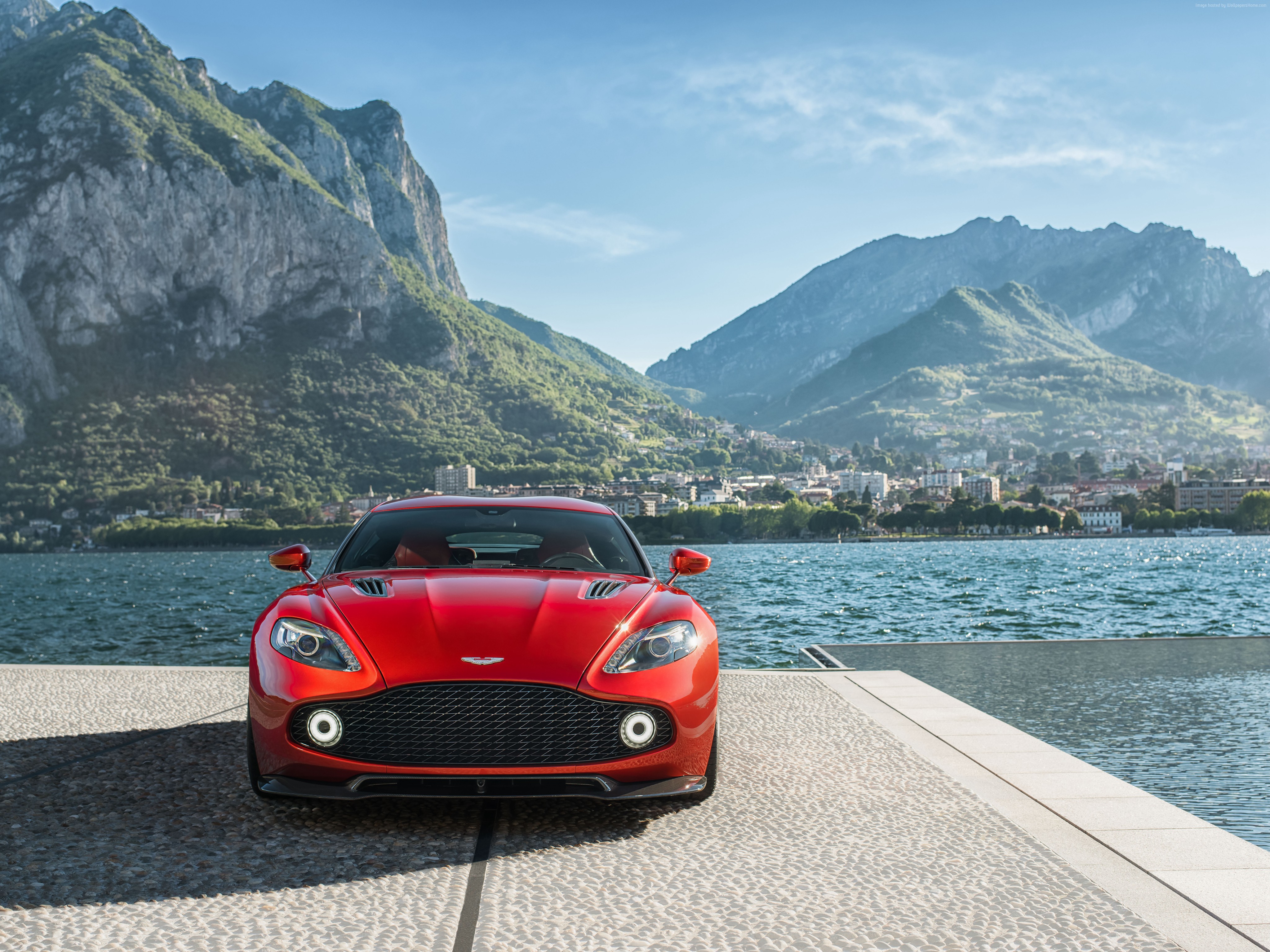 Red Aston Martin Zagato by a Lake with Mountains HD Wallpaper