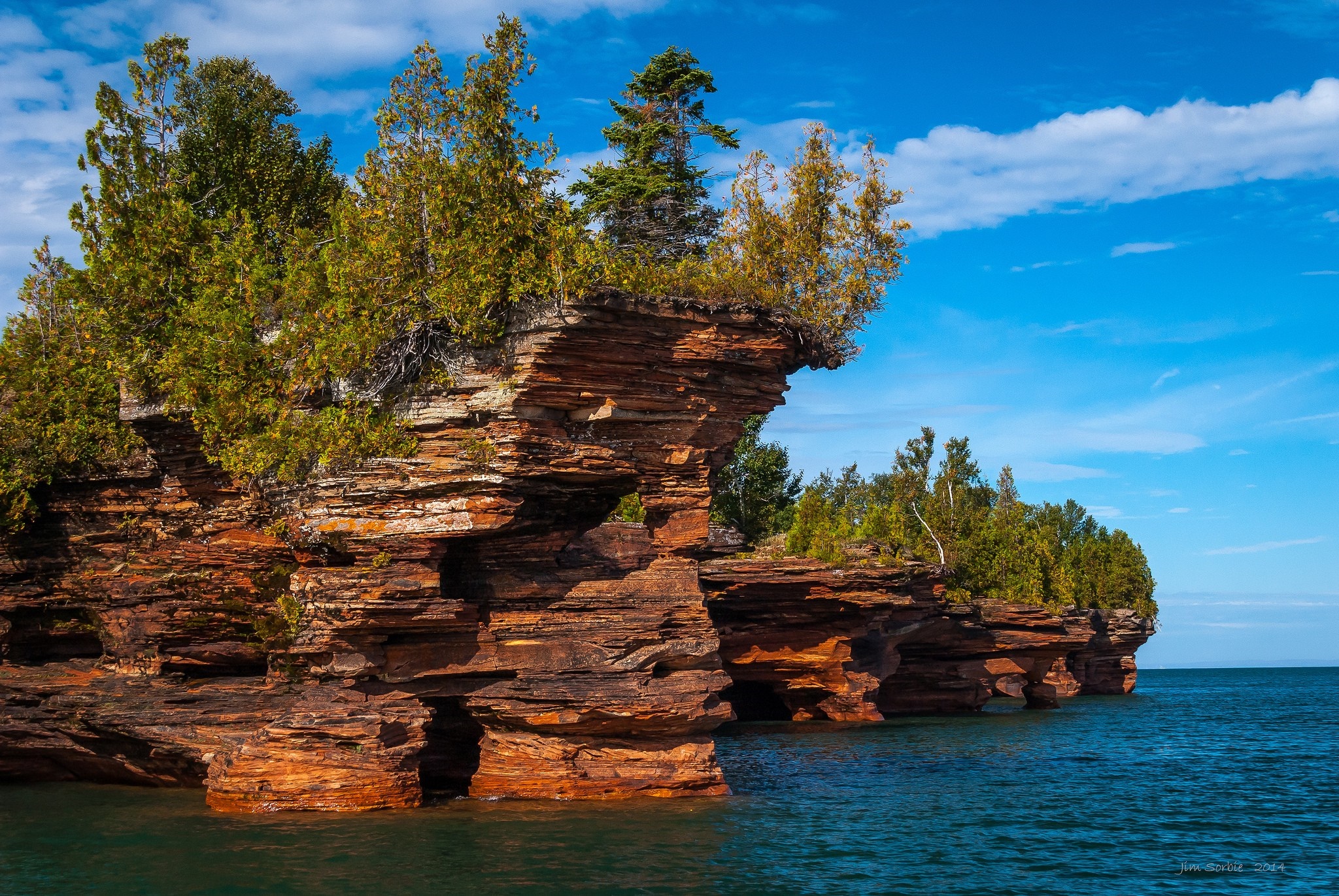 Rock formations with trees on the coast HD Wallpaper