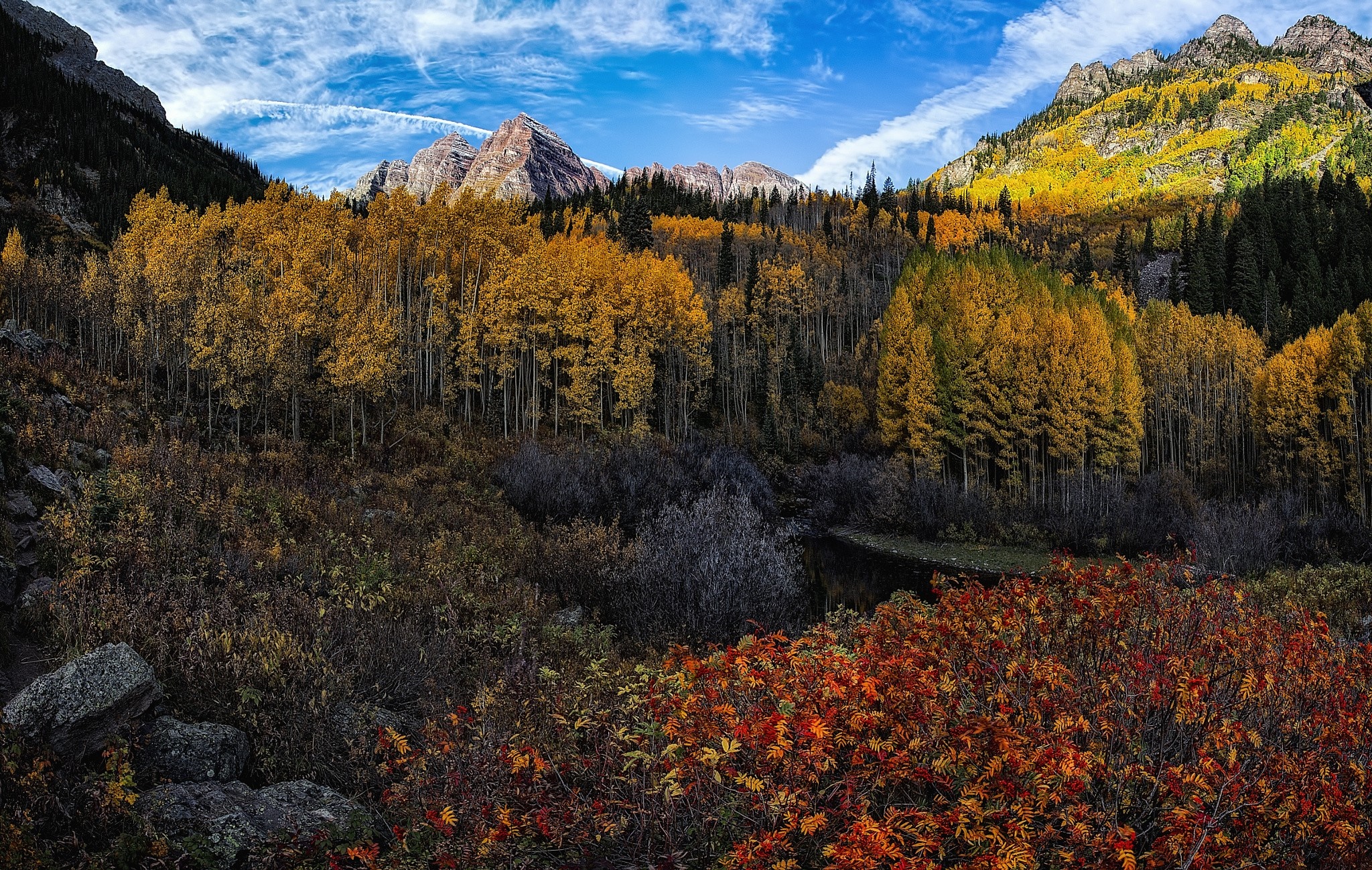 Autumn forest with mountains and blue sky HD Wallpaper