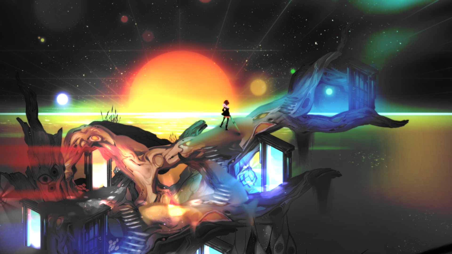 Red Transistor character on a surreal alien landscape HD Wallpaper